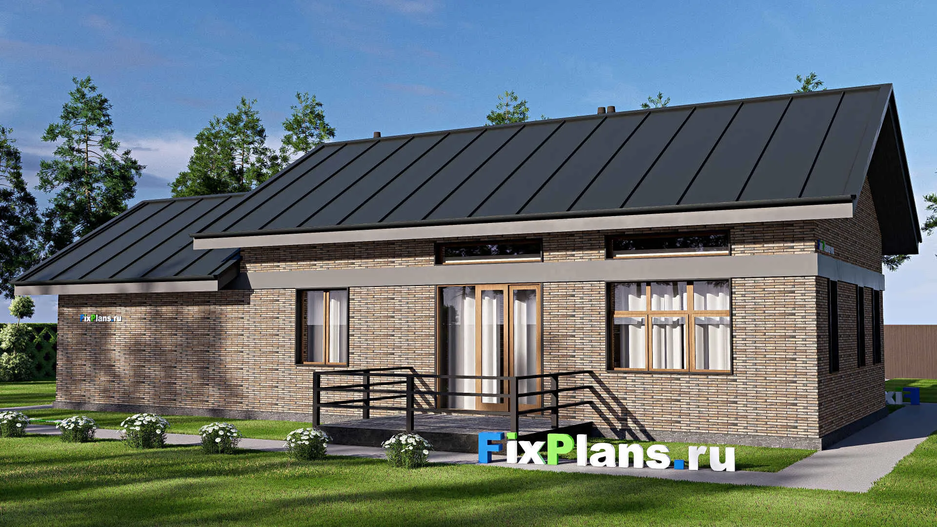 F-20537 - План одноэтажного дома 17 на 20, площадью 180 м² с террасой, гаражом на 2 машины и 2 спальнями