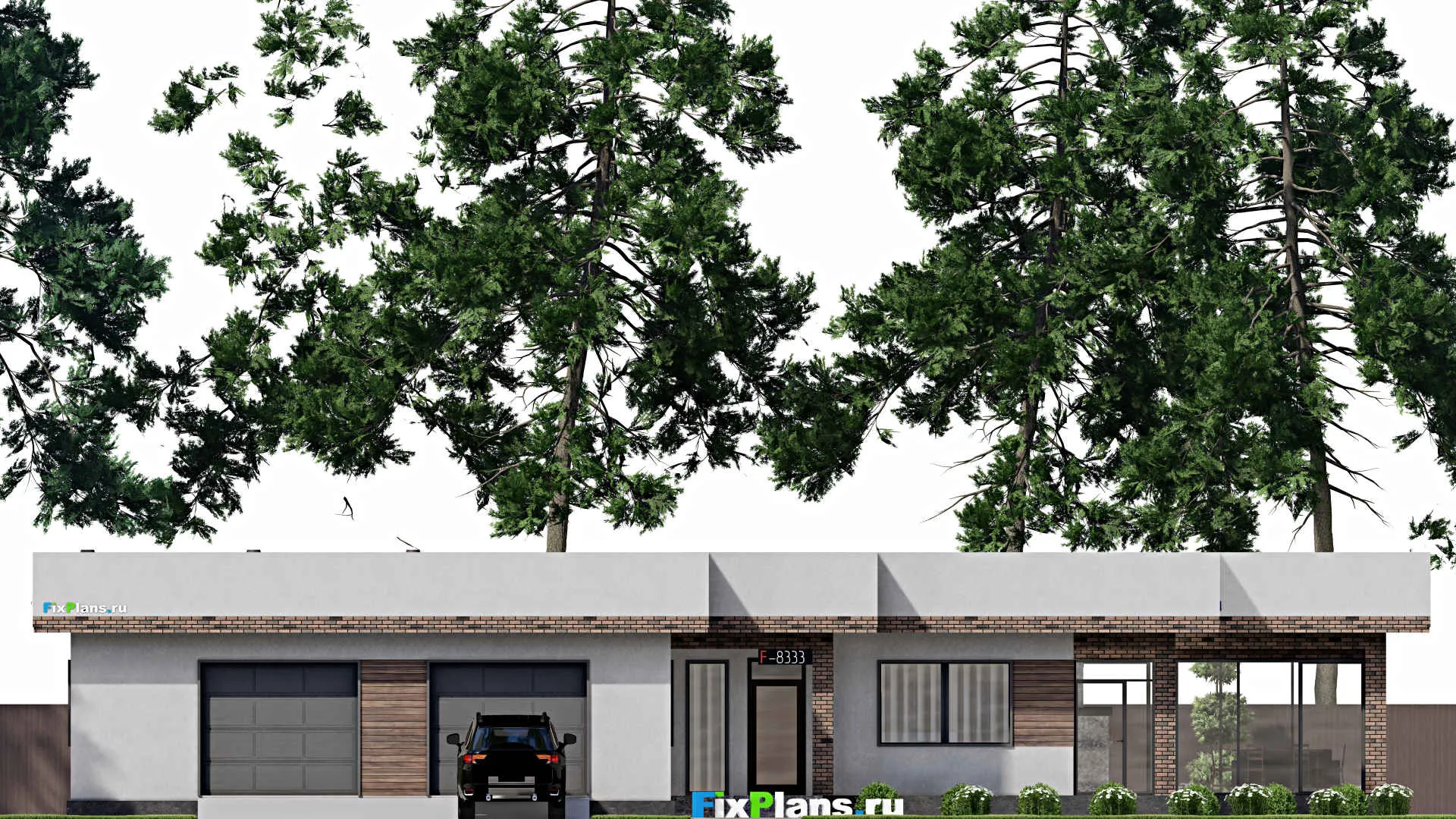 F-8333 - Проект одноэтажного дома 22 на 25, площадью 300 м² с террасой, баней, гаражом на 2 машины и 2 спальнями