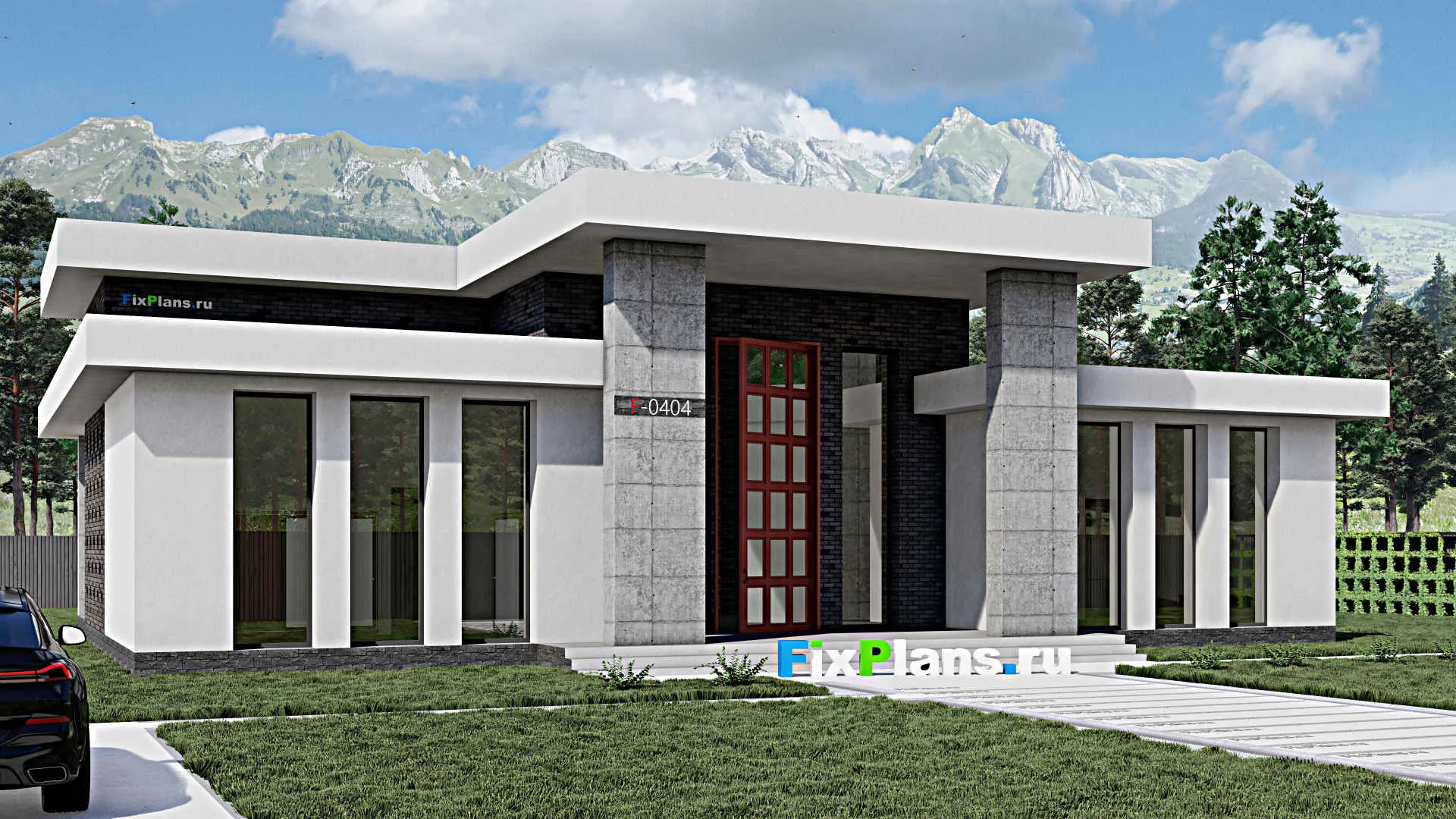 F-0404 - Проект одноэтажного дома 12 на 23, площадью 290 м² с террасой и 2 спальнями