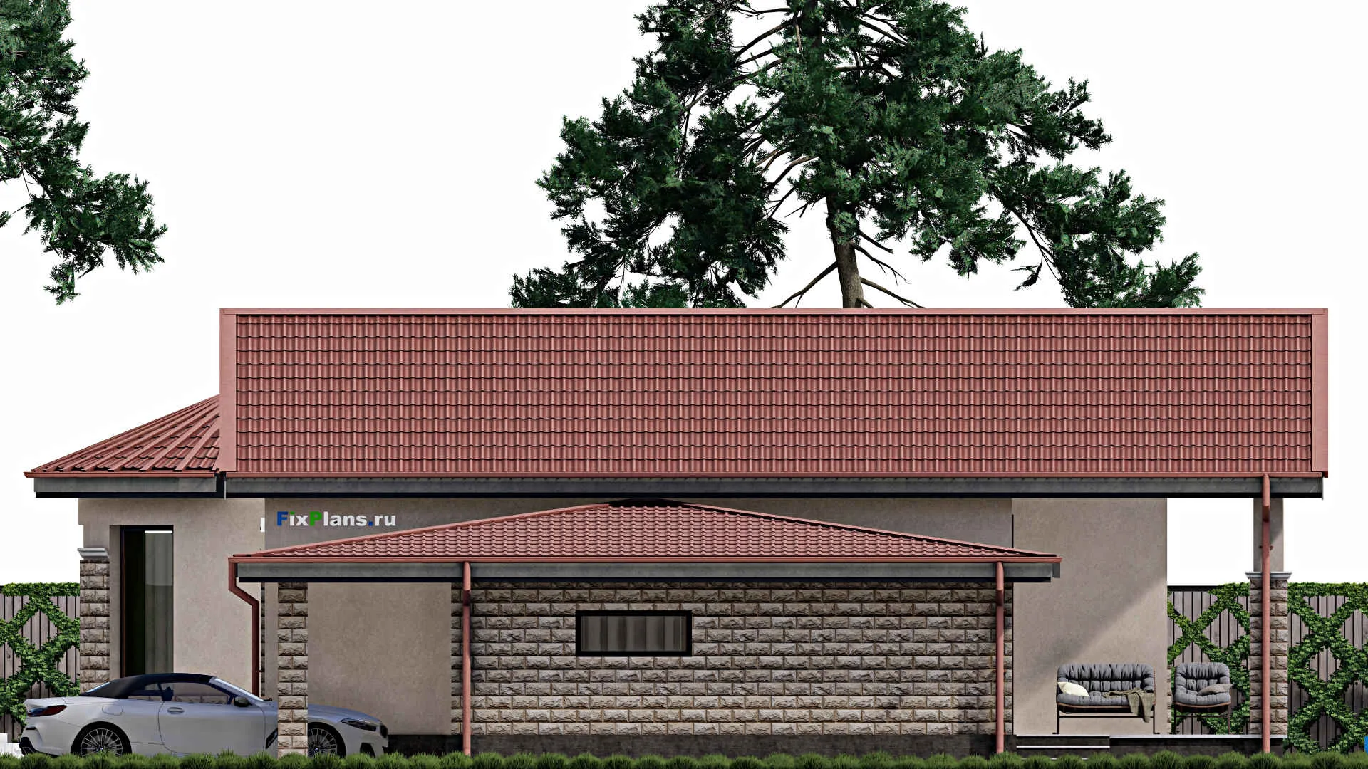 F-0539i - Проект одноэтажного дома 14 на 21, площадью 200 м² с террасой, гаражом на 1 машину и 3 спальнями