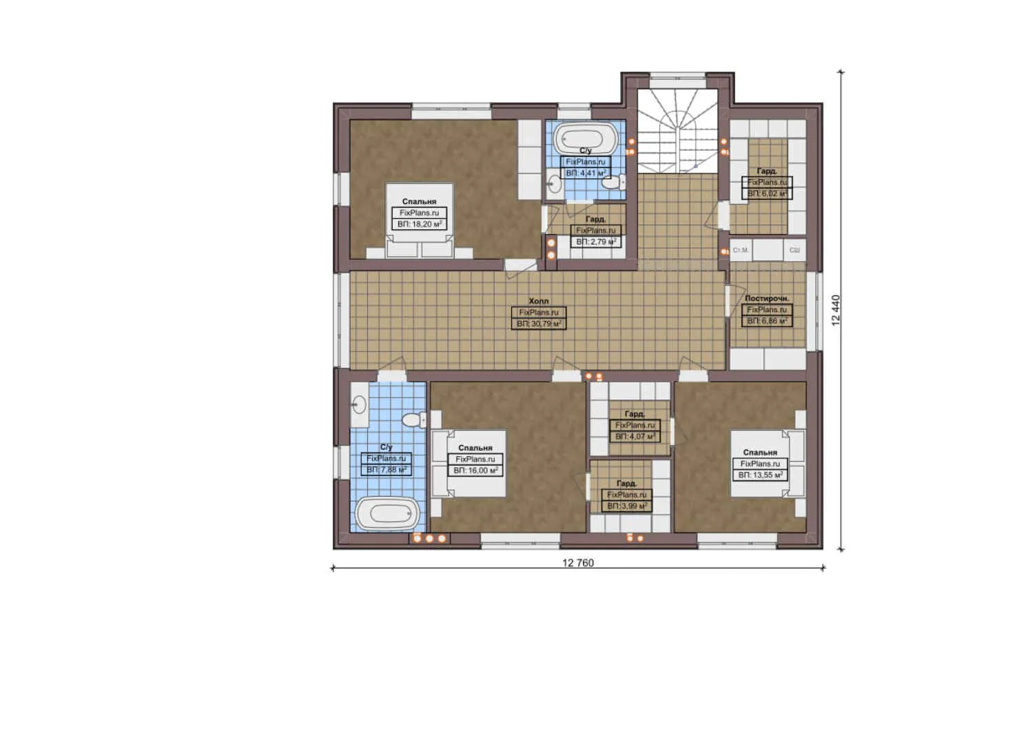 F-0332 - Планы двухэтажного дома 13 на 13, площадью 290 м² с террасой и 3 спальнями