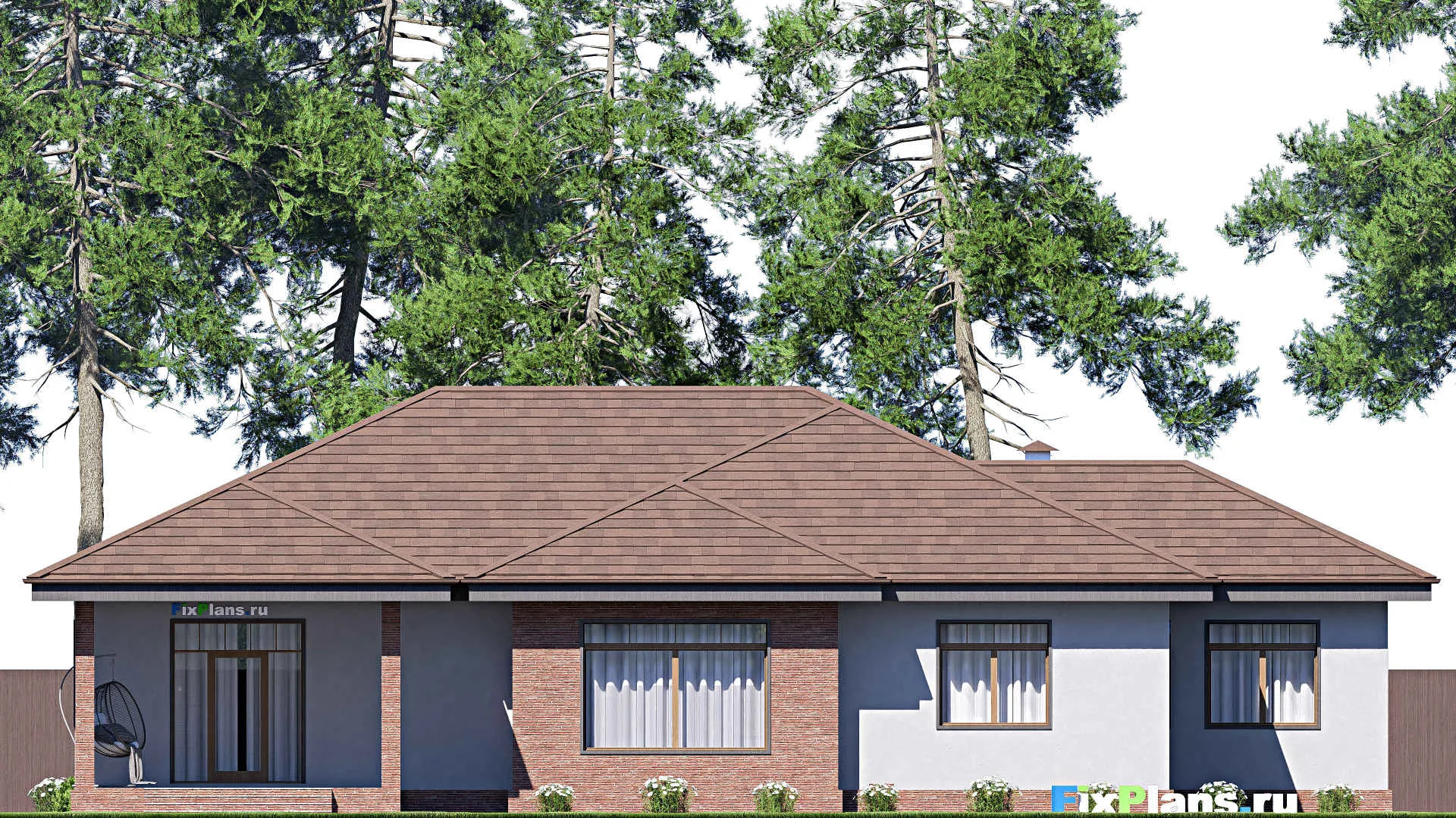 F-18674 - Проект одноэтажного дома 22 на 24, площадью 270 м² с террасой, гаражом на 2 машины и 3 спальнями