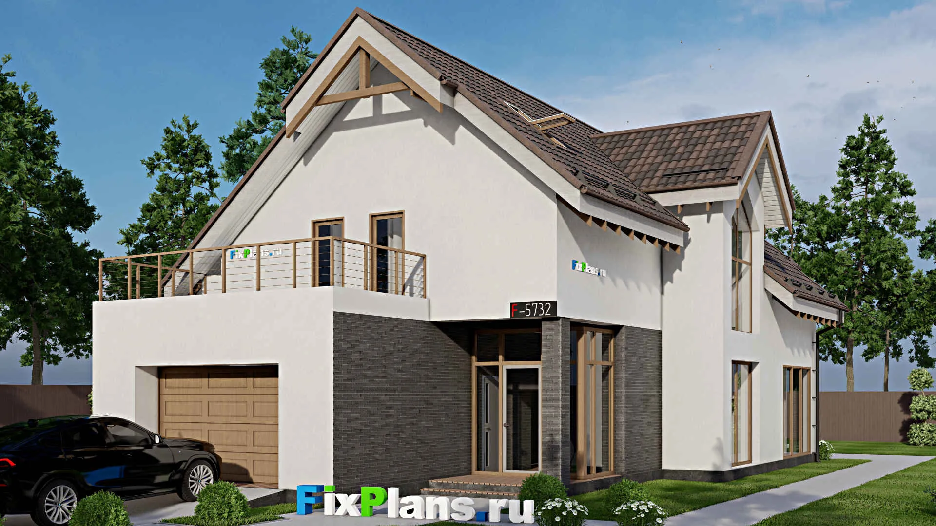 F-5732 - Проект дома с мансардой 11 на 20, площадью 240 м² с террасой, балконом, гаражом на 1 машину и 3 спальнями