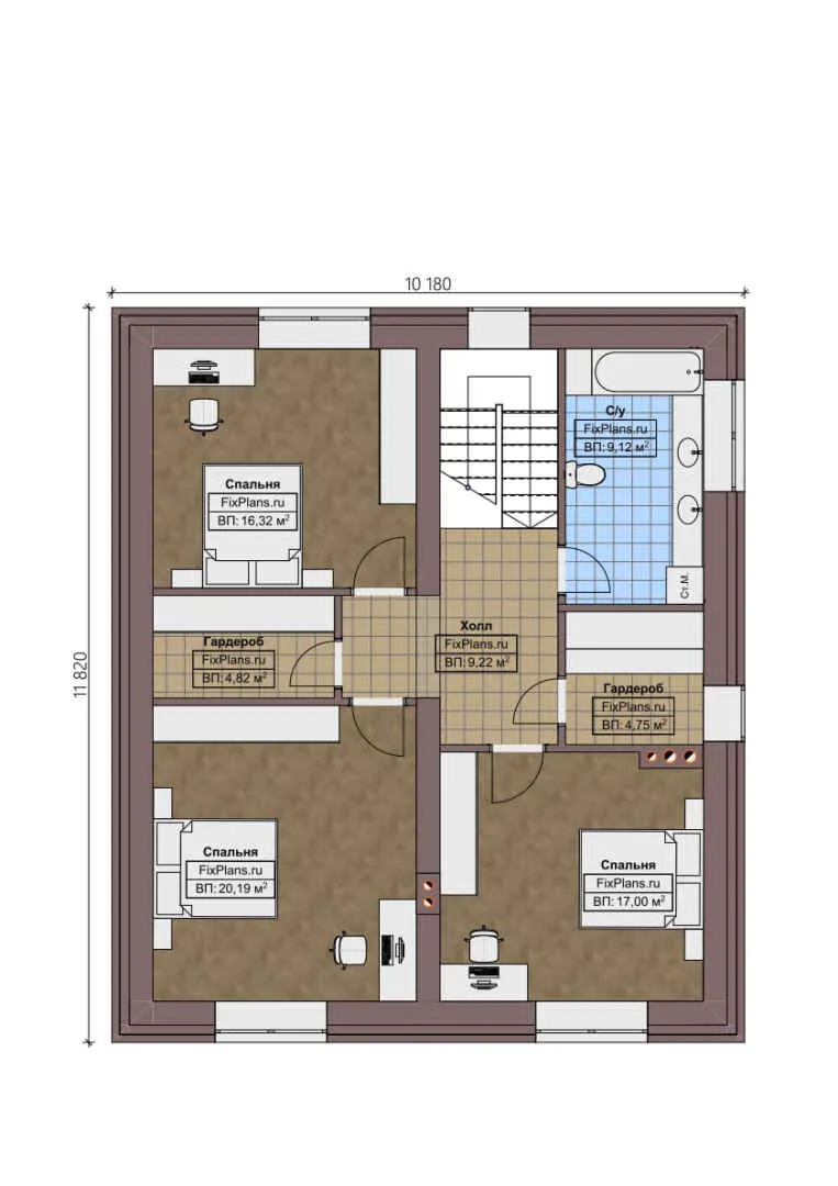 F-0800 - Планы двухэтажного дома 11 на 12, площадью 200 м² с террасой и 4 спальнями