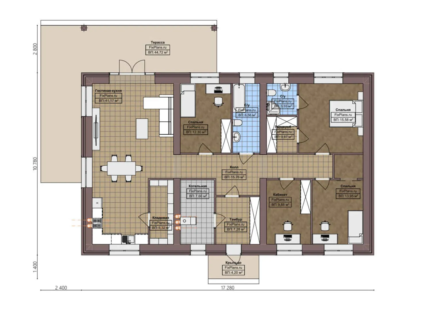 F-3968 - План одноэтажного дома 11 на 18, площадью 200 м² с террасой и 3 спальнями