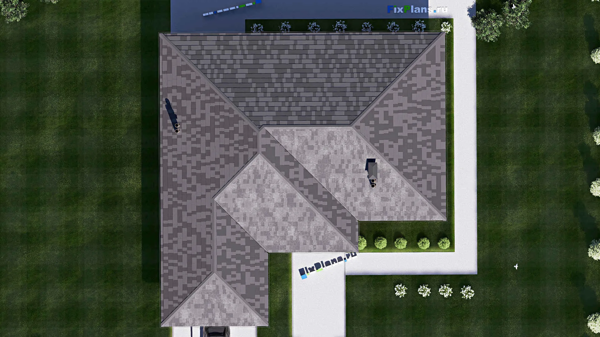 F-19700 - Проект одноэтажного дома 18 на 19, площадью 200 м² с террасой, гаражом на 2 машины и 2 спальнями