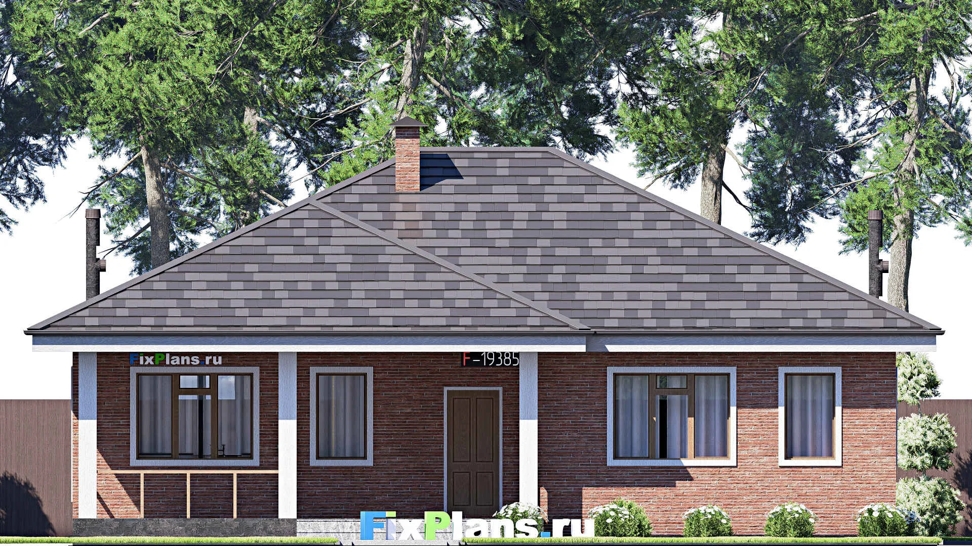 F-19385 - Проект одноэтажного дома 13 на 14, площадью 130 м² с террасой и 3 спальнями