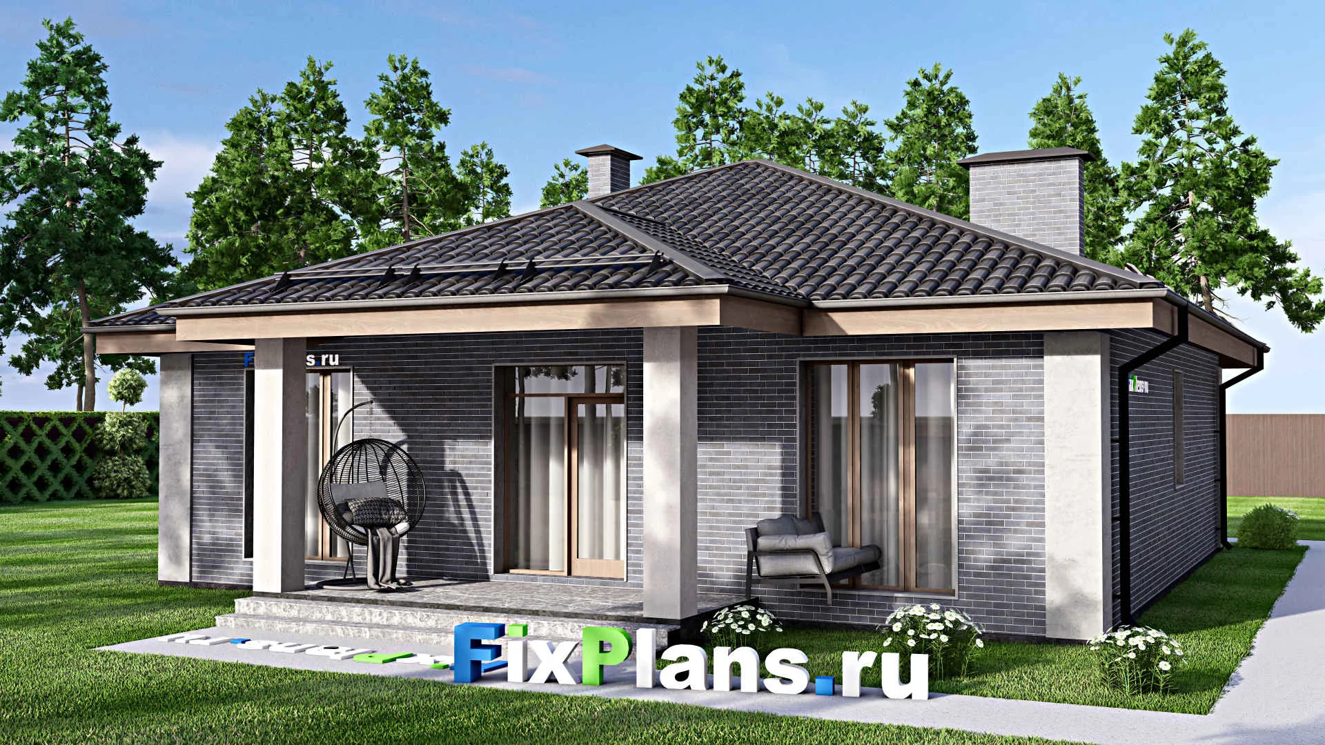 F-12797 - Проект одноэтажного дома 13 на 15, площадью 130 м² с террасой и 3 спальнями