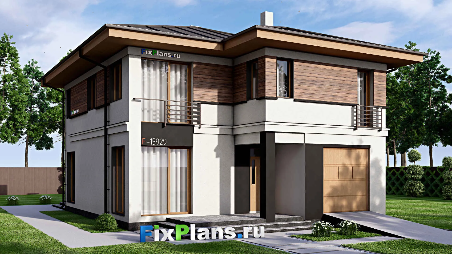 F-15929 - Проект двухэтажного дома 11 на 16, площадью 210 м² с террасой, гаражом на 1 машину и 3 спальнями