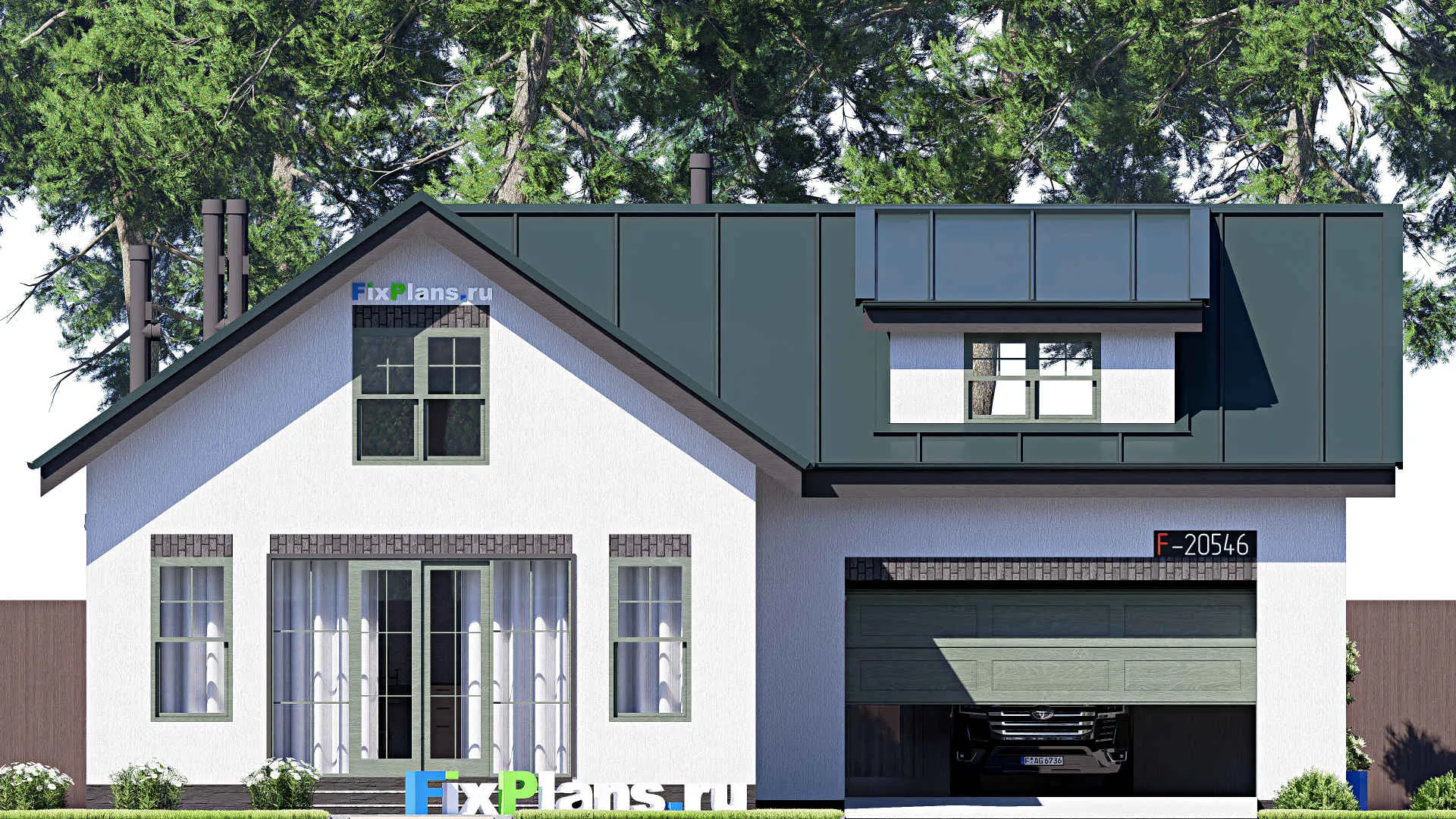 F-20546 - Планы дома с мансардой 14 на 16, площадью 230 м² с террасой, гаражом на 2 машины и 3 спальнями