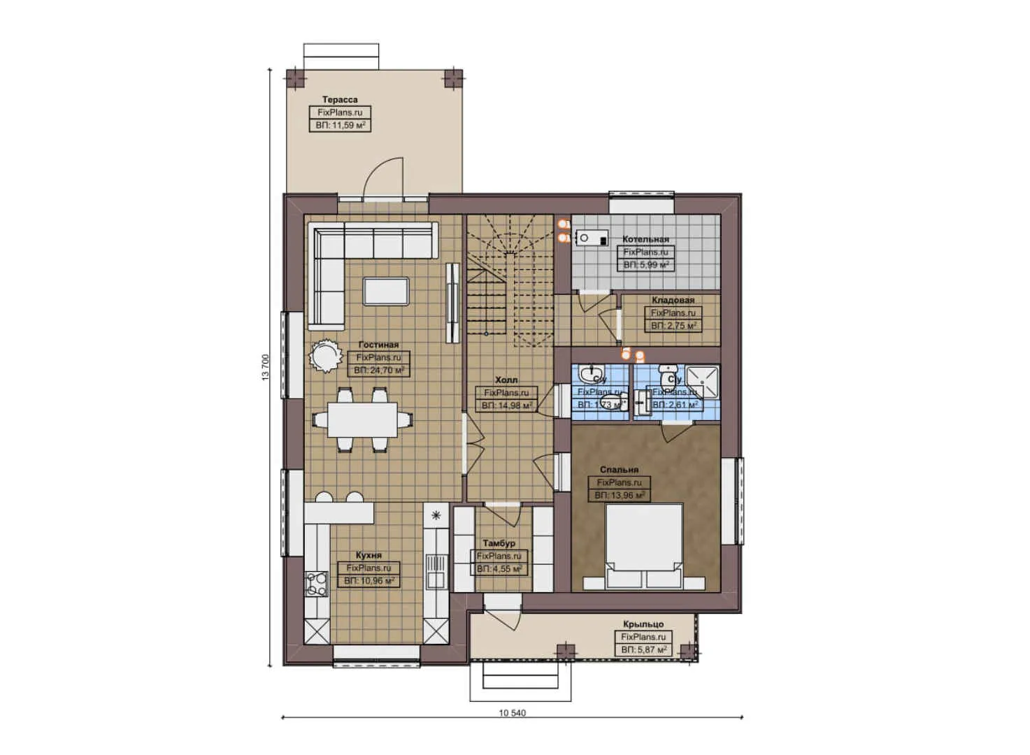F-5624 - Планы двухэтажного дома 11 на 14, площадью 200 м² с террасой, балконом и 4 спальнями