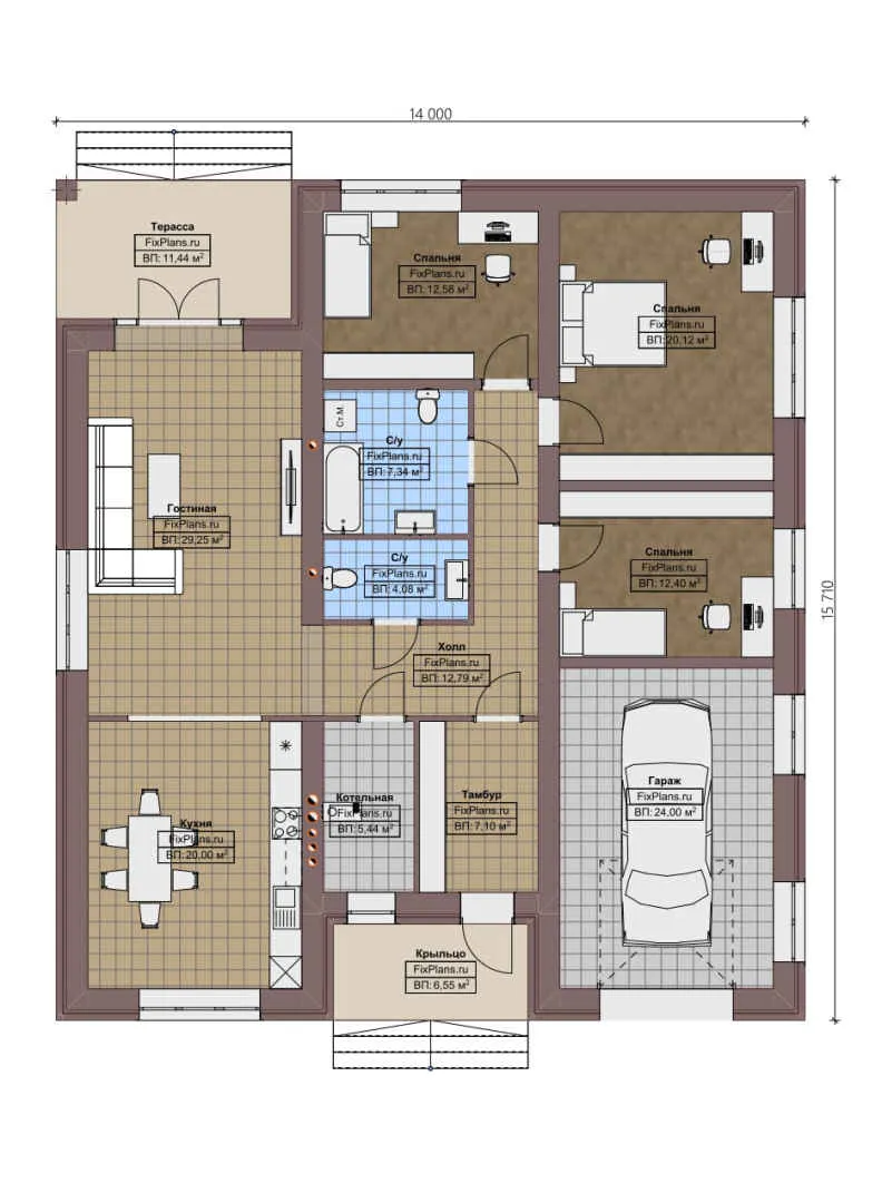 F-0602 - План одноэтажного дома 14 на 16, площадью 180 м² с террасой, гаражом на 1 машину и 3 спальнями