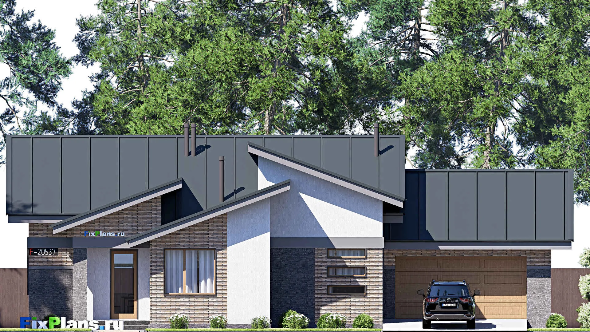 F-20537 - План одноэтажного дома 17 на 20, площадью 180 м² с террасой, гаражом на 2 машины и 2 спальнями