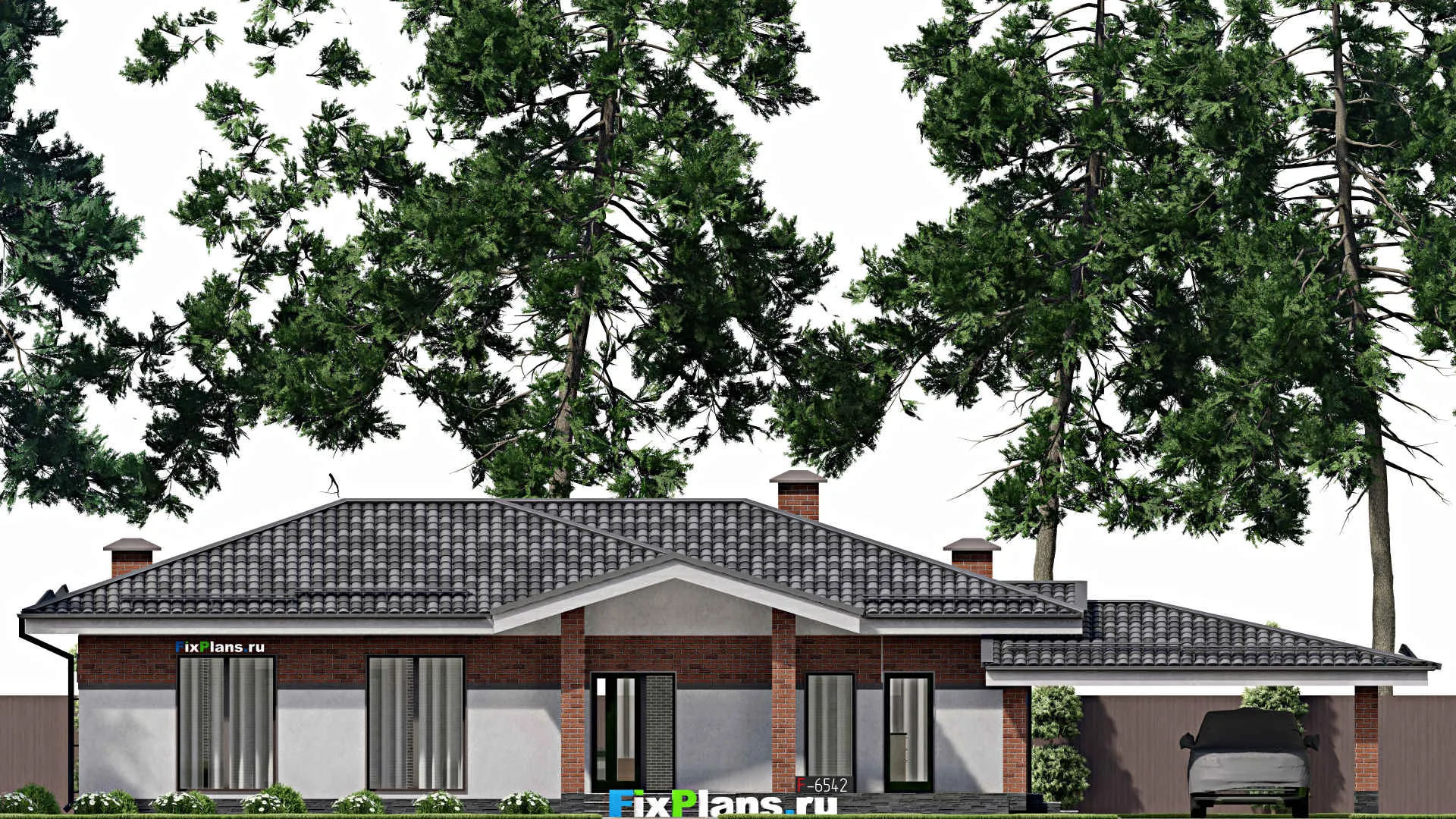 F-6542 - Проект одноэтажного дома 17 на 17, площадью 270 м² с террасой и 3 спальнями