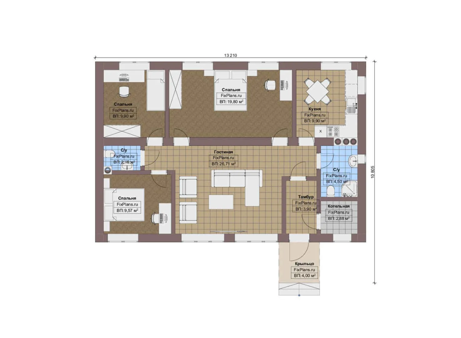 F-14480 - План одноэтажного дома 11 на 14, площадью 100 м² с 3 спальнями