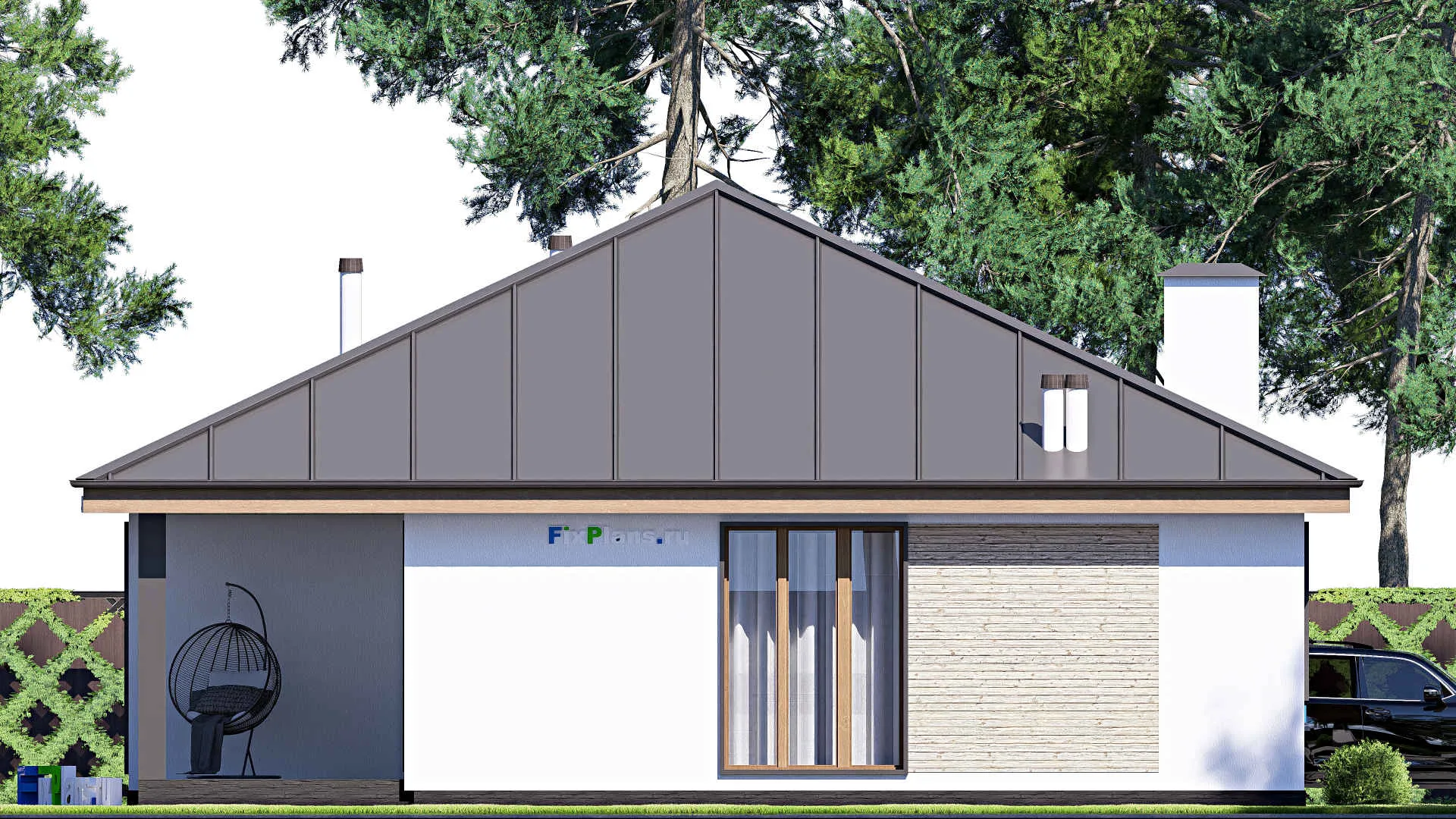 F-20267 - Проект одноэтажного дома 13 на 13, площадью 130 м² с террасой и 3 спальнями