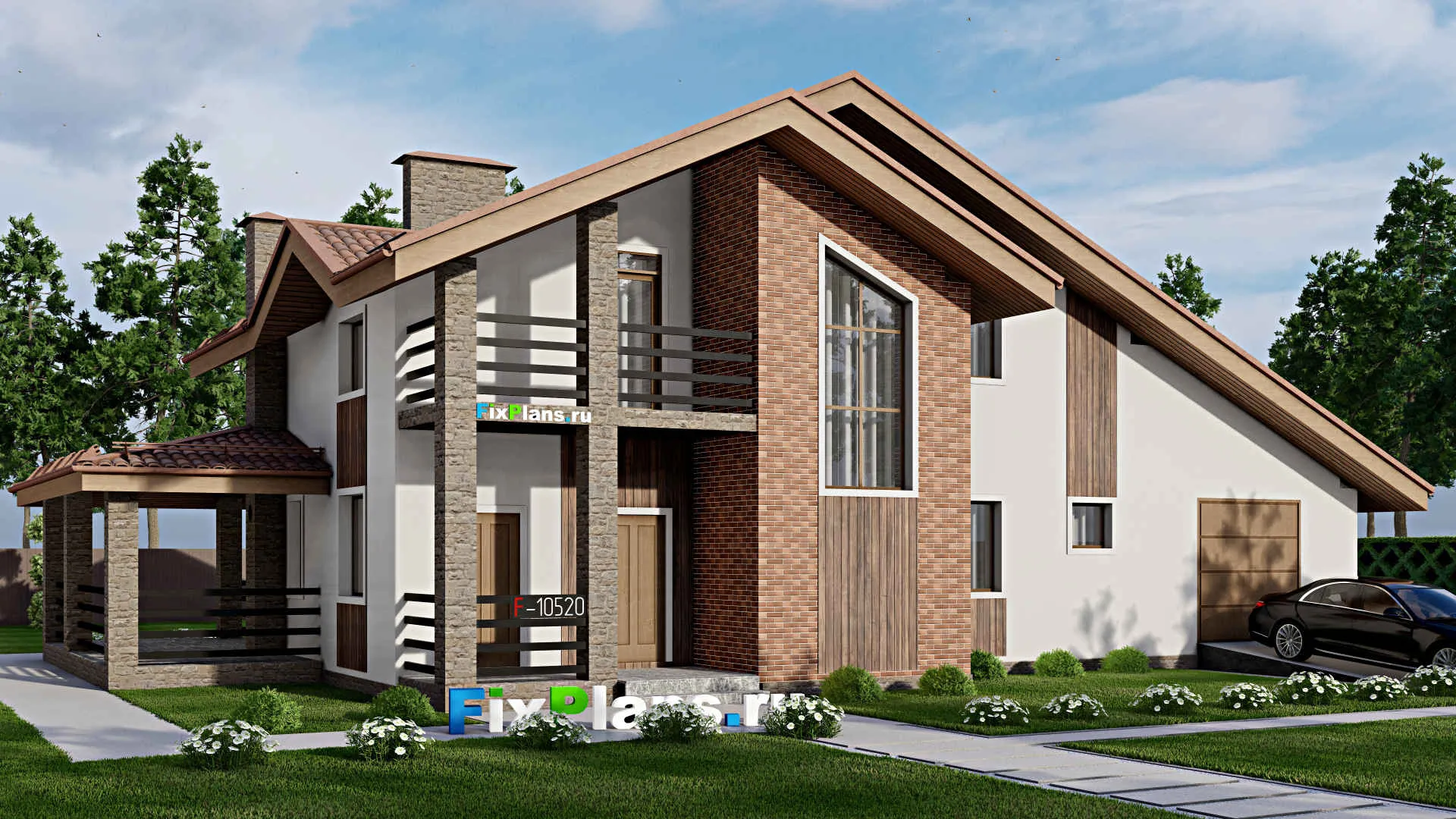 F-10520 - Проект дома с мансардой 14 на 22, площадью 270 м² с террасой, балконом, гаражом на 2 машины и 4 спальнями