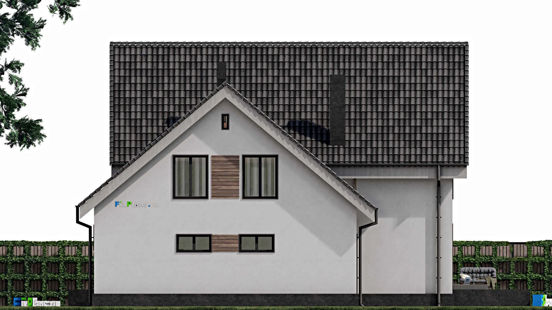 F-1304 - Проект дома с мансардой 12 на 13, площадью 200 м² с террасой, гаражом на 1 машину и 4 спальнями