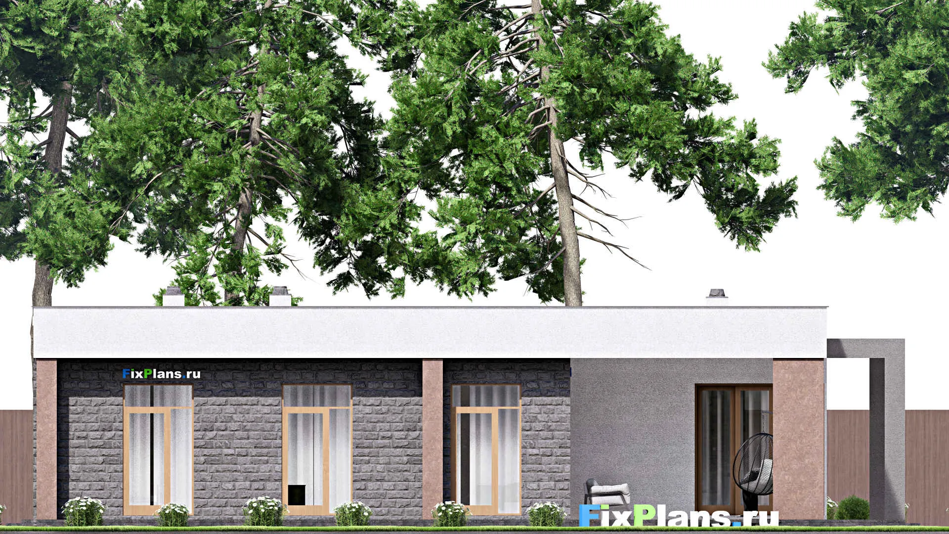 F-16361 - Проект одноэтажного дома 18 на 18, площадью 470 м² с террасой, гаражом на 1 машину и 3 спальнями