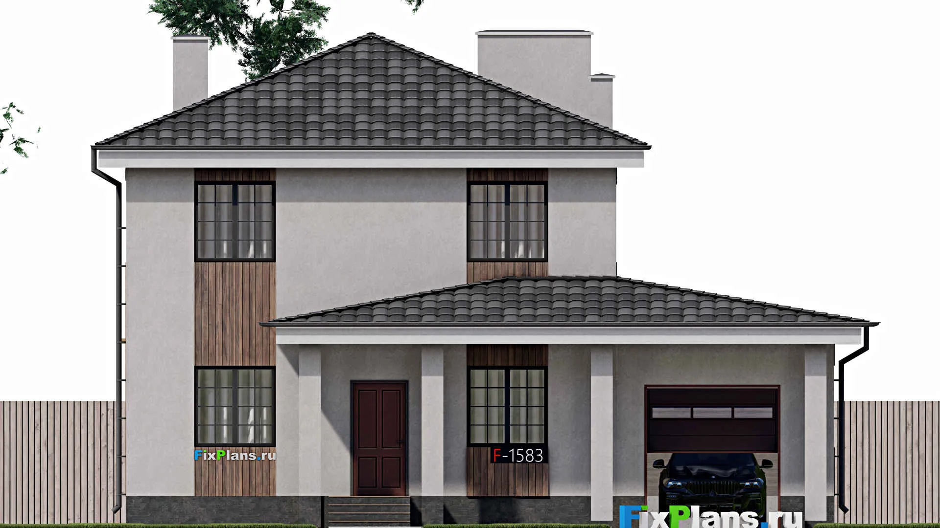 F-1583 - Проект двухэтажного дома 9 на 13, площадью 180 м² с террасой, гаражом на 1 машину и 4 спальнями