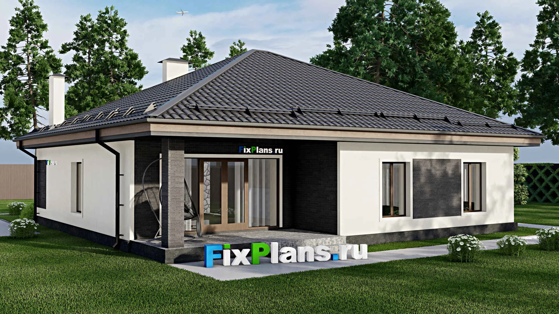 F-9998 - Проект одноэтажного дома 13 на 14, площадью 140 м² с террасой и 3 спальнями