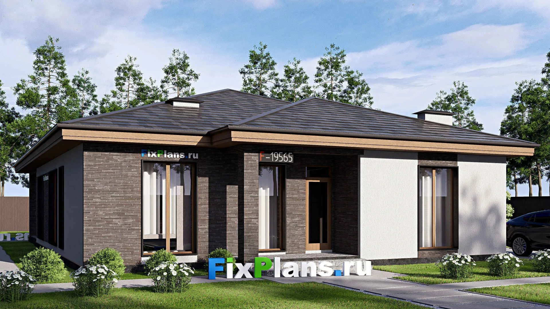 F-19565 - Проект одноэтажного дома 13 на 19, площадью 190 м² с террасой и 5 спальнями