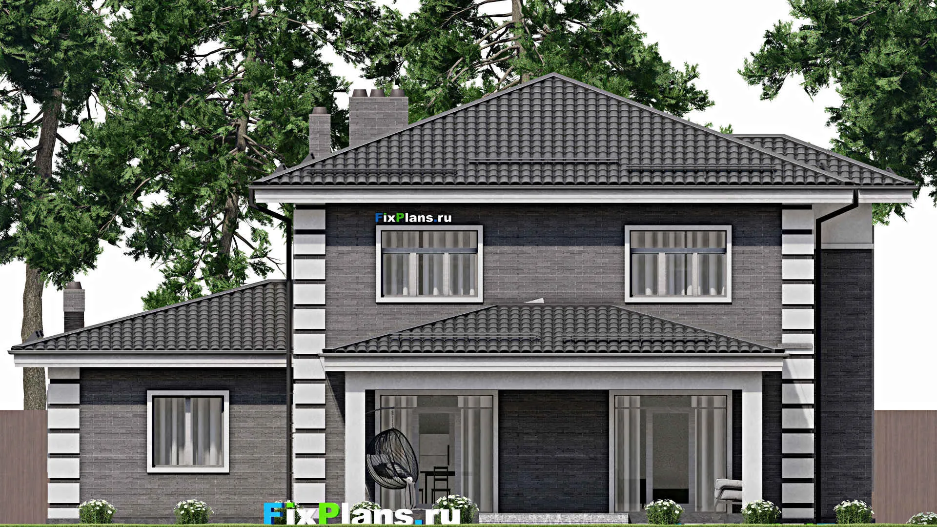 F-3887 - Проект двухэтажного дома 14 на 17, площадью 240 м² с террасой, гаражом на 1 машину и 4 спальнями