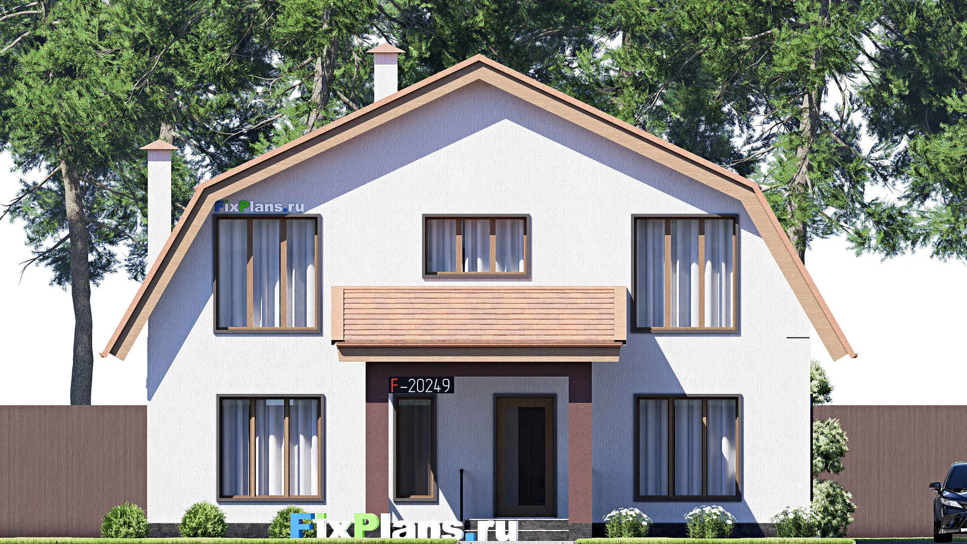 F-20249 - Проект дома с мансардой 12 на 17, площадью 290 м² с террасой, балконом, цокольным этажом и 6 спальнями