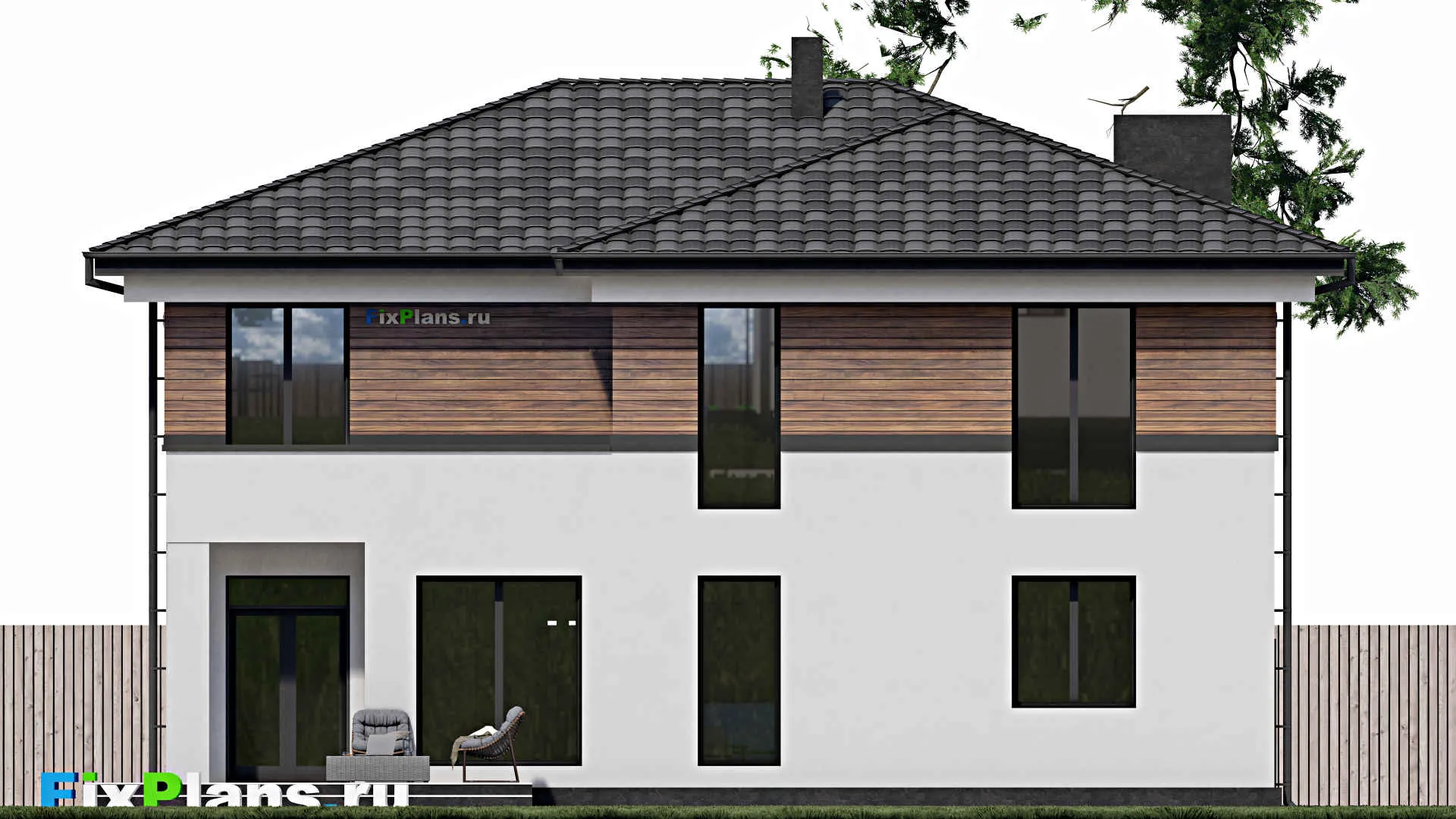 F-0764 - Проект двухэтажного дома 14 на 16, площадью 290 м² с террасой, балконом, гаражом на 2 машины и 2 спальнями