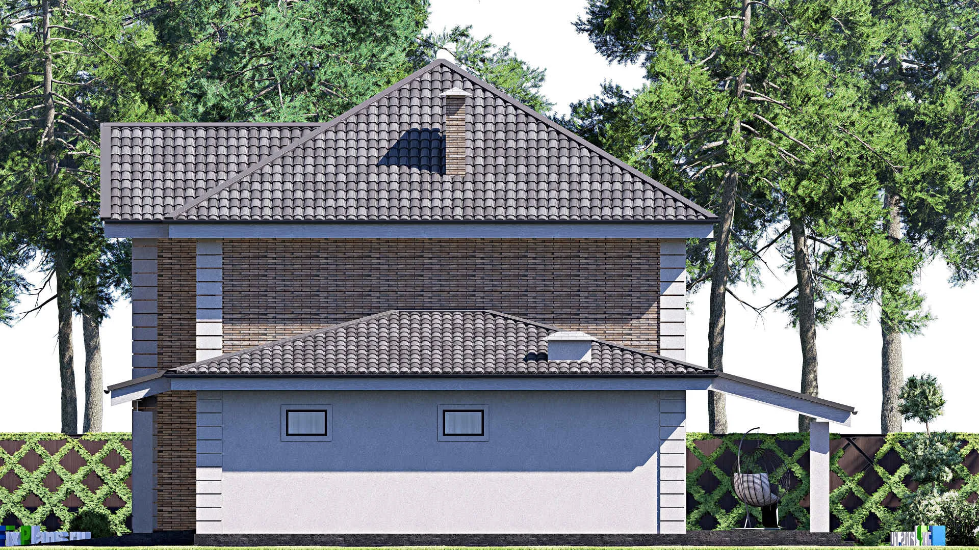 F-19088 - Проект двухэтажного дома 15 на 15, площадью 220 м² с террасой, гаражом на 1 машину и 4 спальнями