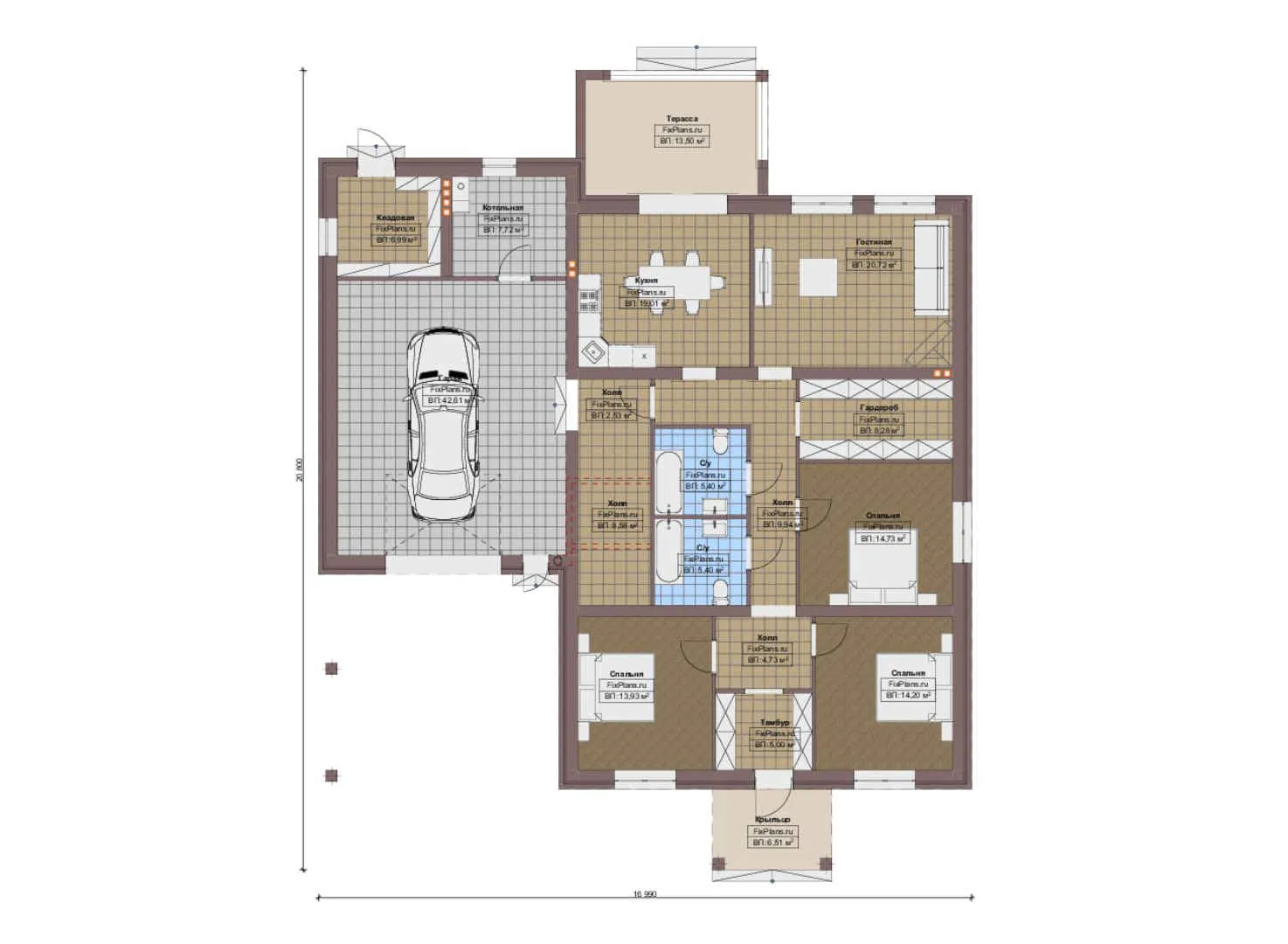 F-13958 - План одноэтажного дома 17 на 21, площадью 210 м² с террасой, гаражом на 2 машины и 3 спальнями