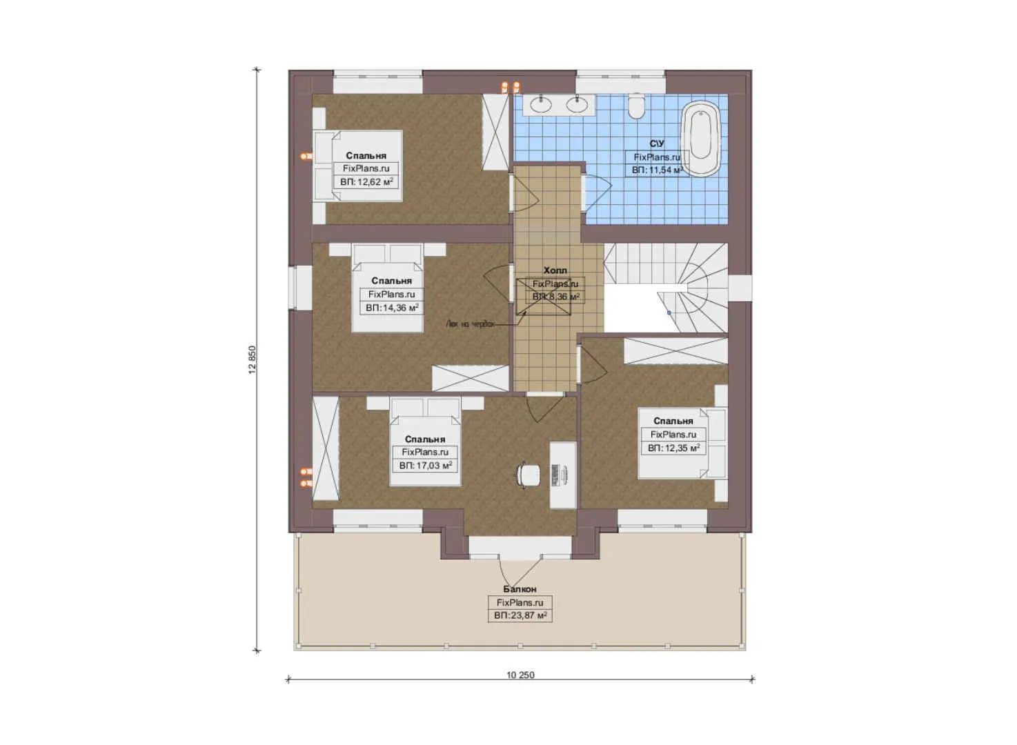 F-19133 - Планы двухэтажного дома 11 на 13, площадью 180 м² с балконом и 5 спальнями