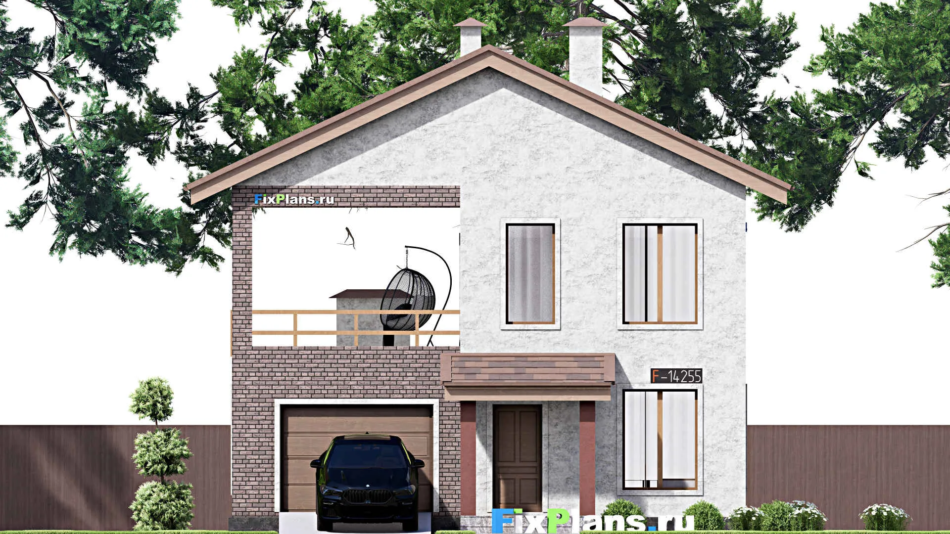 F-14255 - Проект двухэтажного дома 10 на 10, площадью 140 м² с балконом, баней, гаражом на 1 машину и 2 спальнями