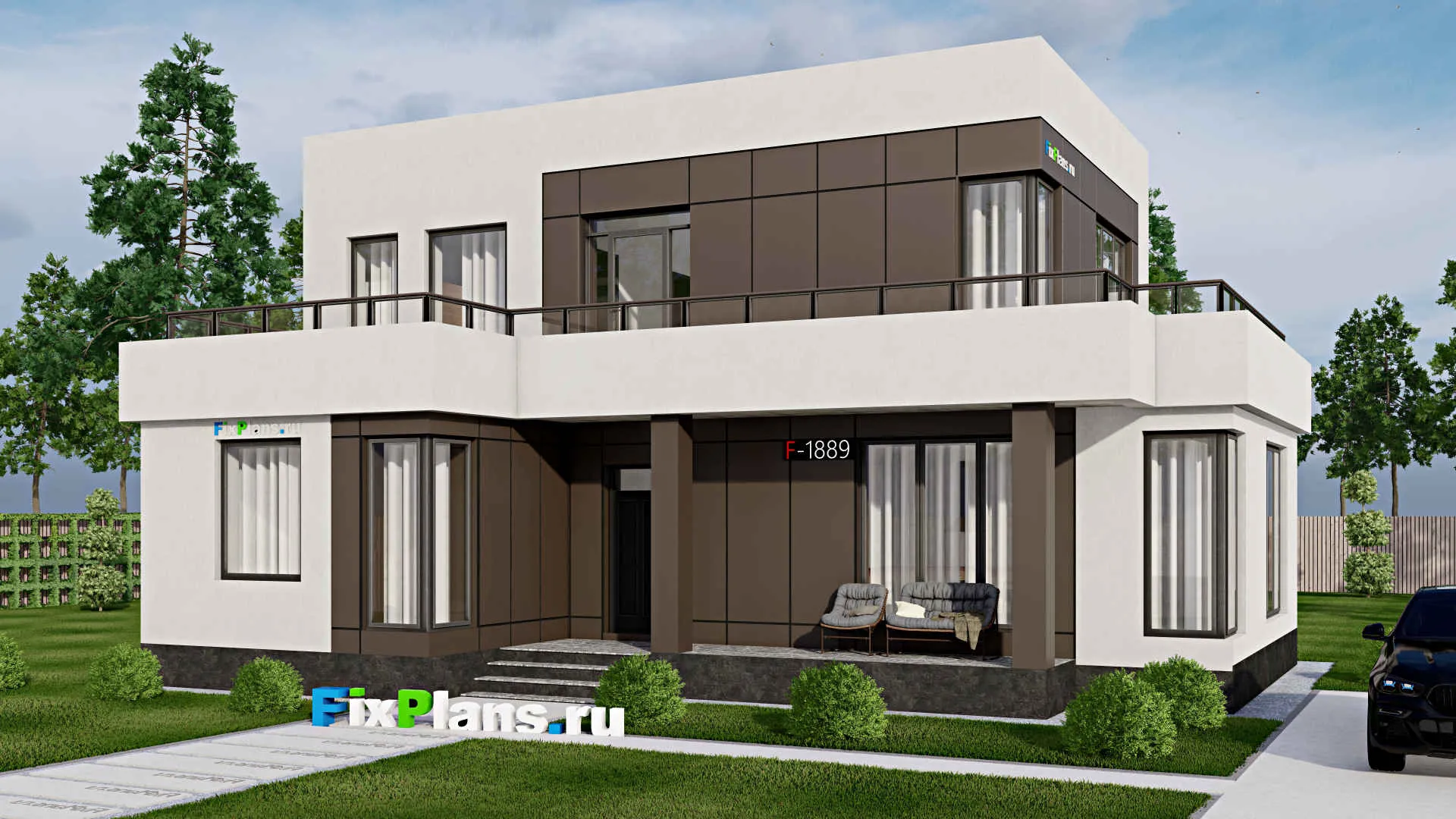 F-1889 - Проект двухэтажного дома 11 на 15, площадью 200 м² с балконом и 3 спальнями