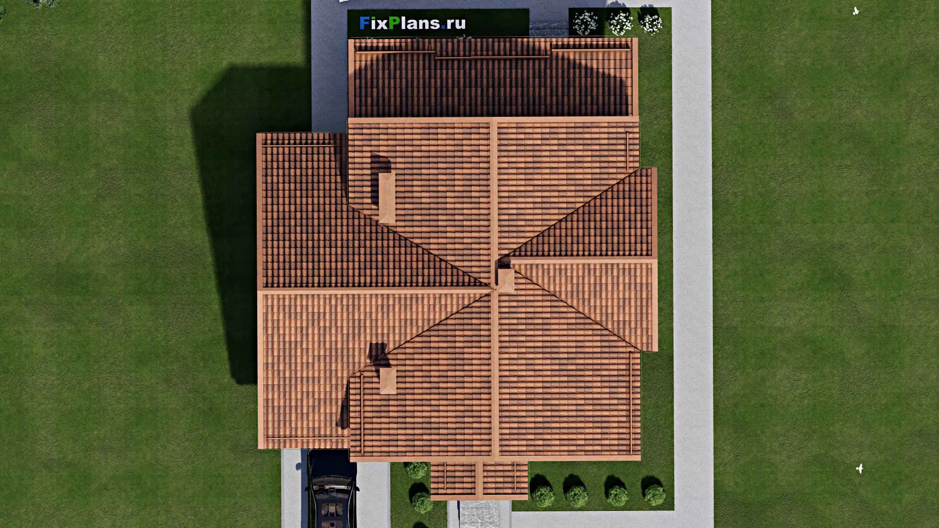 F-8783 - Проект дома с мансардой 14 на 16, площадью 250 м² с террасой, балконом, гаражом на 1 машину, спортзалом и 4 спальнями