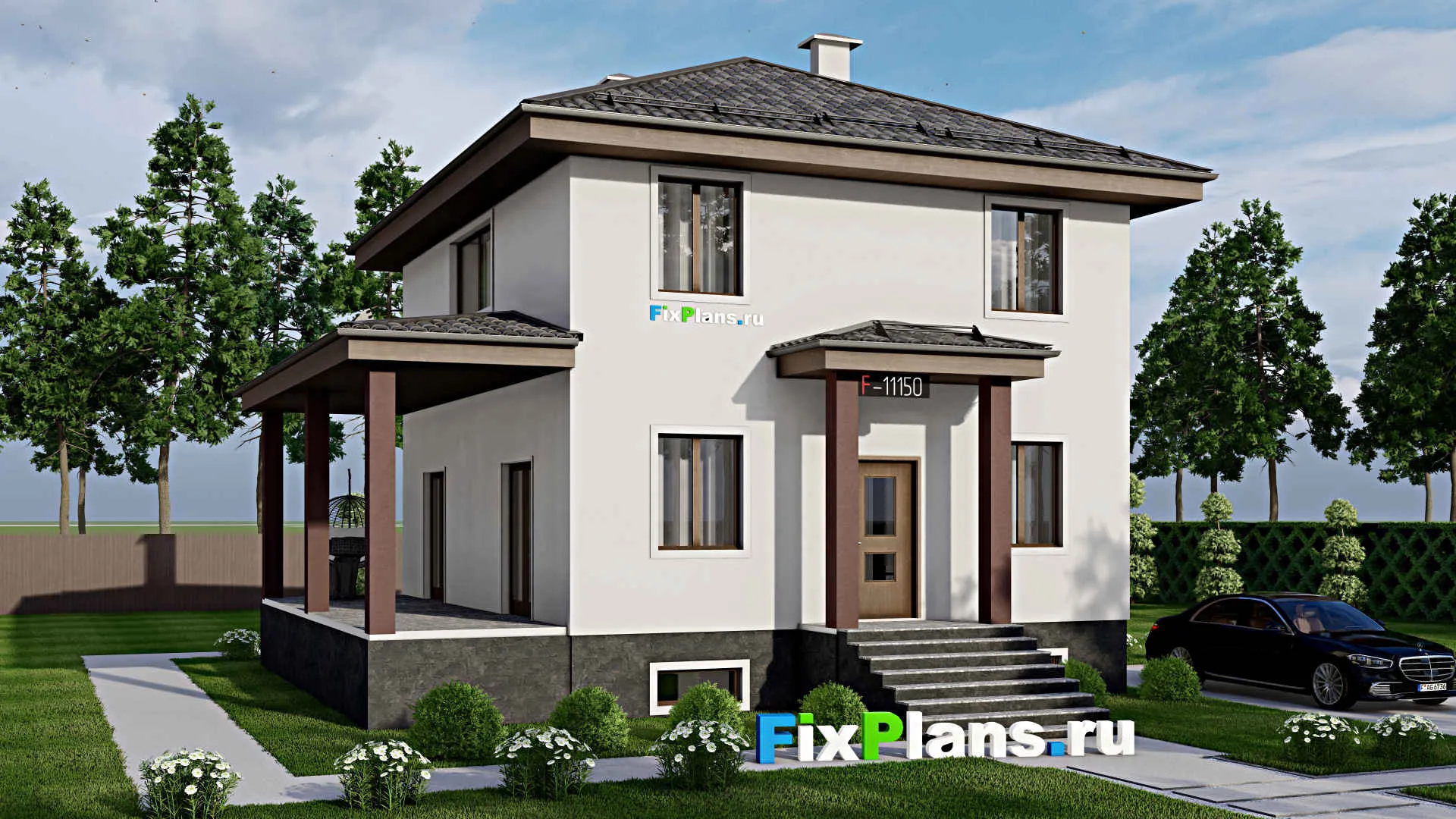 F-11150 - Проект двухэтажного дома 11 на 11, площадью 190 м² с террасой, цокольным этажом и 5 спальнями