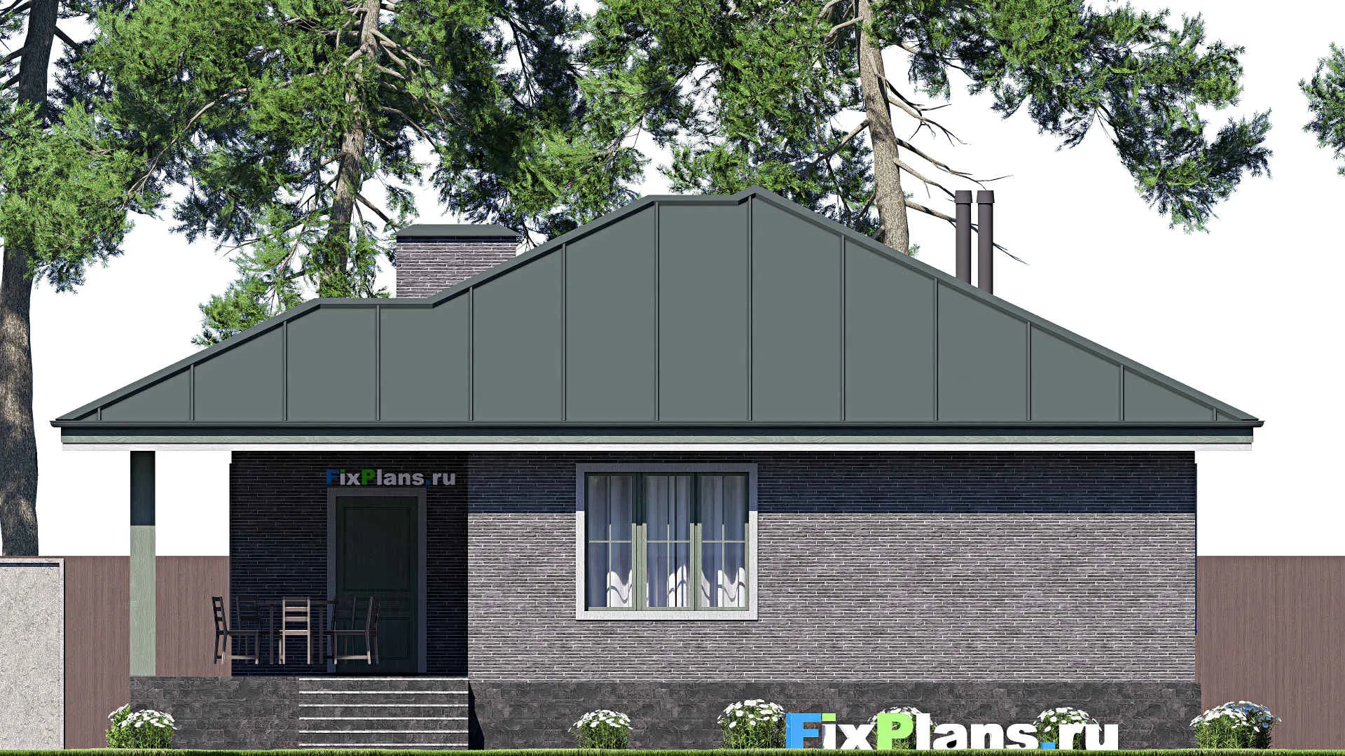 F-20771 - Проект одноэтажного дома 13 на 15, площадью 120 м² с террасой и 3 спальнями