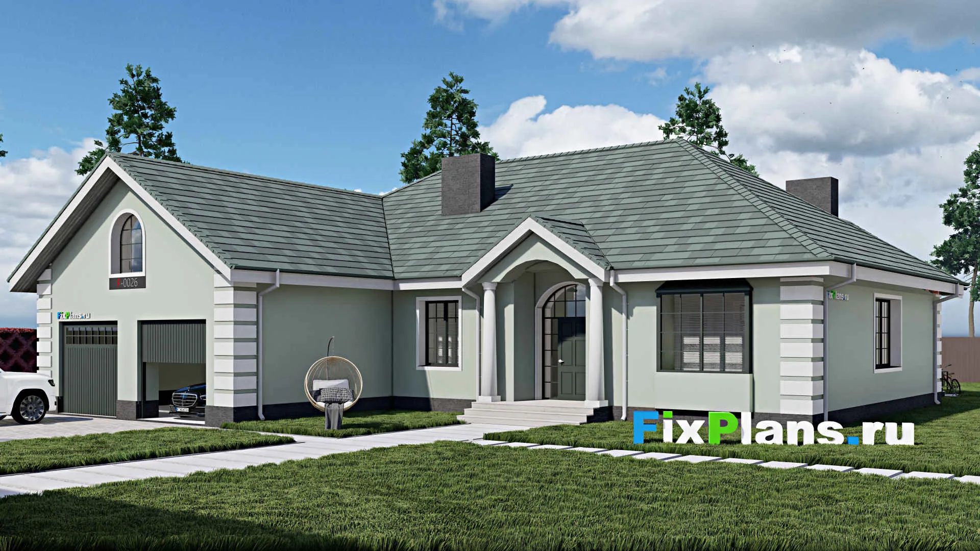 F-0026 - Проект дома с мансардой 17 на 20, площадью 330 м² с террасой, гаражом на 2 машины и 3 спальнями