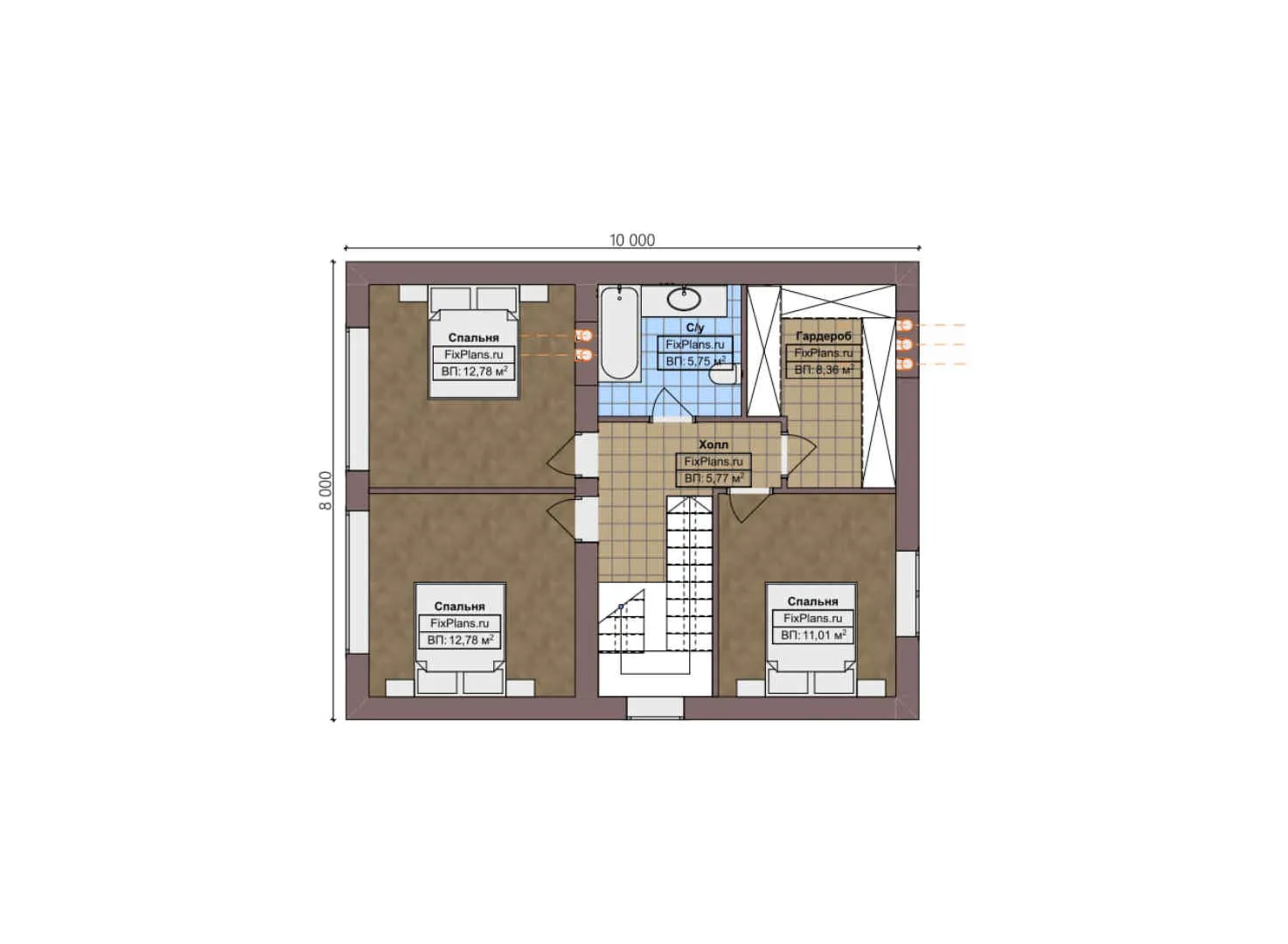 F-4877 - Планы дома с мансардой 8 на 10, площадью 130 м² с террасой и 4 спальнями