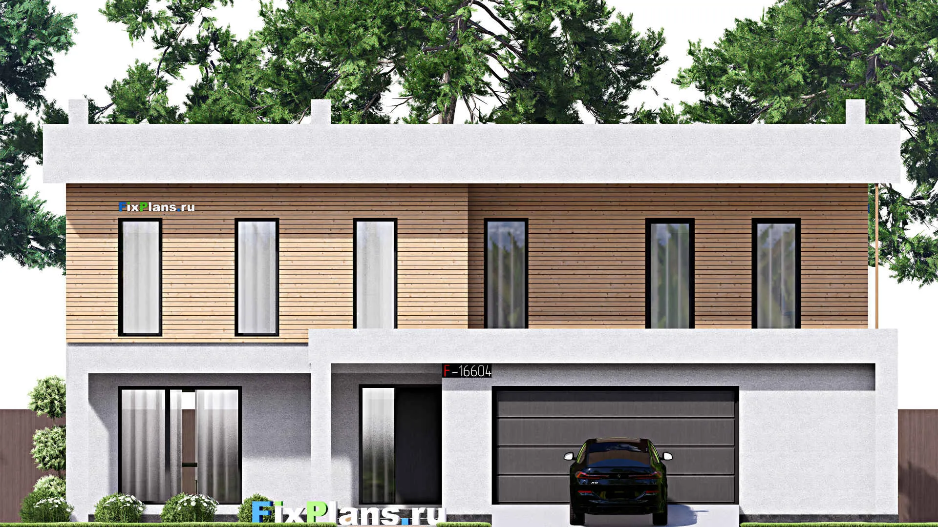 F-16604 - Проект двухэтажного дома 15 на 17, площадью 740 м² с террасой, балконом, гаражом на 2 машины и 5 спальнями