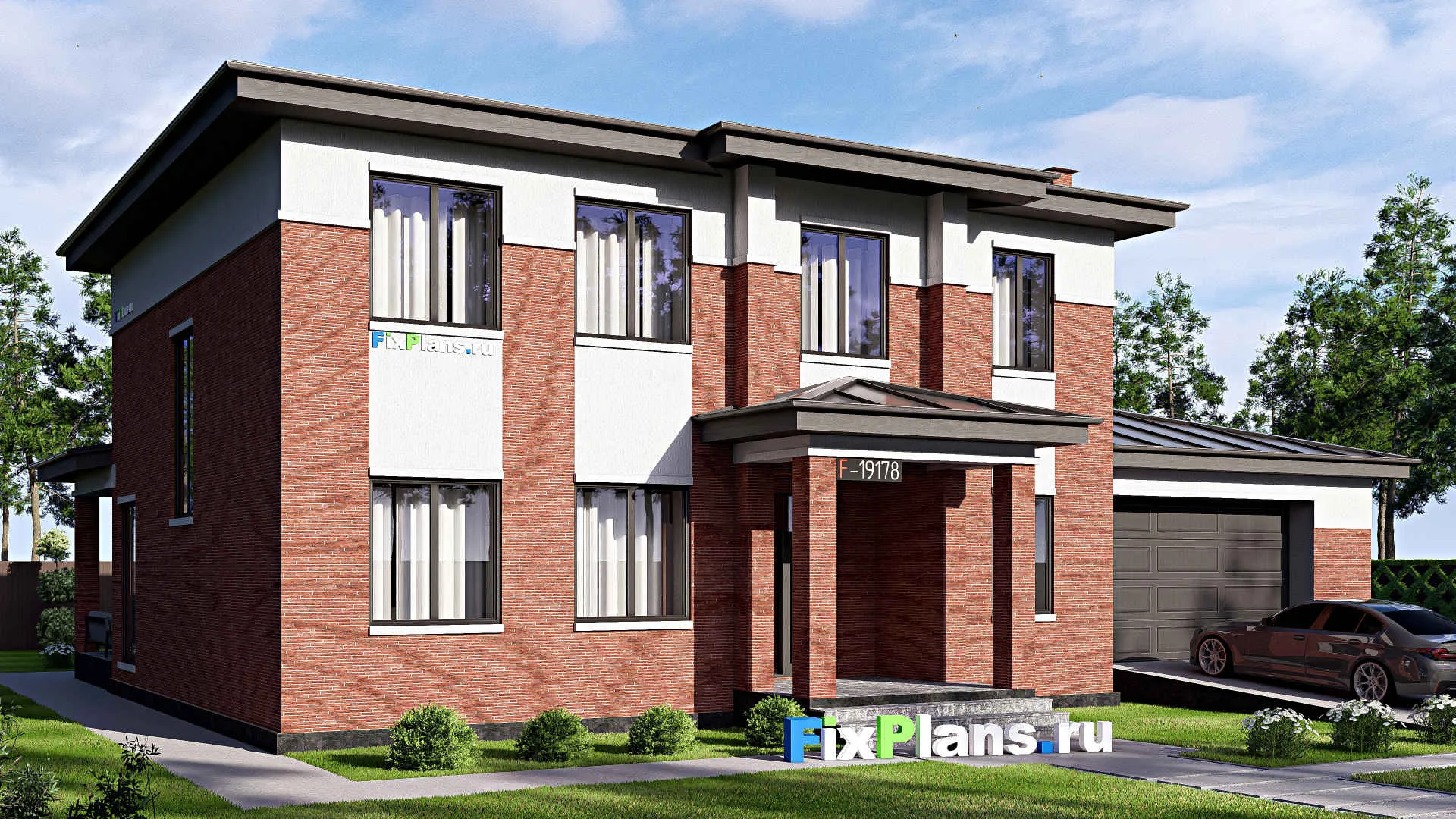F-19178 - Проект двухэтажного дома 18 на 21, площадью 320 м² с гаражом на 2 машины и 4 спальнями