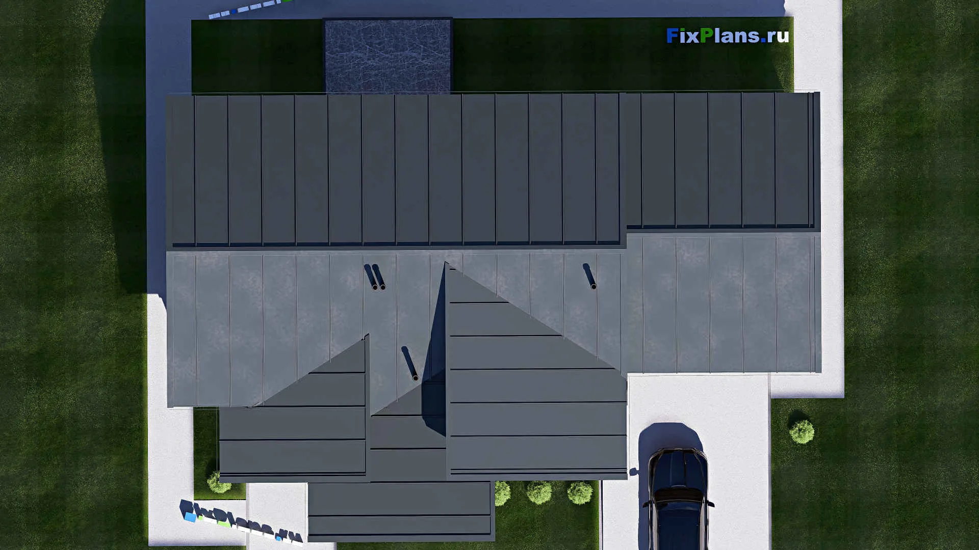 F-20537 - План одноэтажного дома 17 на 20, площадью 180 м² с террасой, гаражом на 2 машины и 2 спальнями