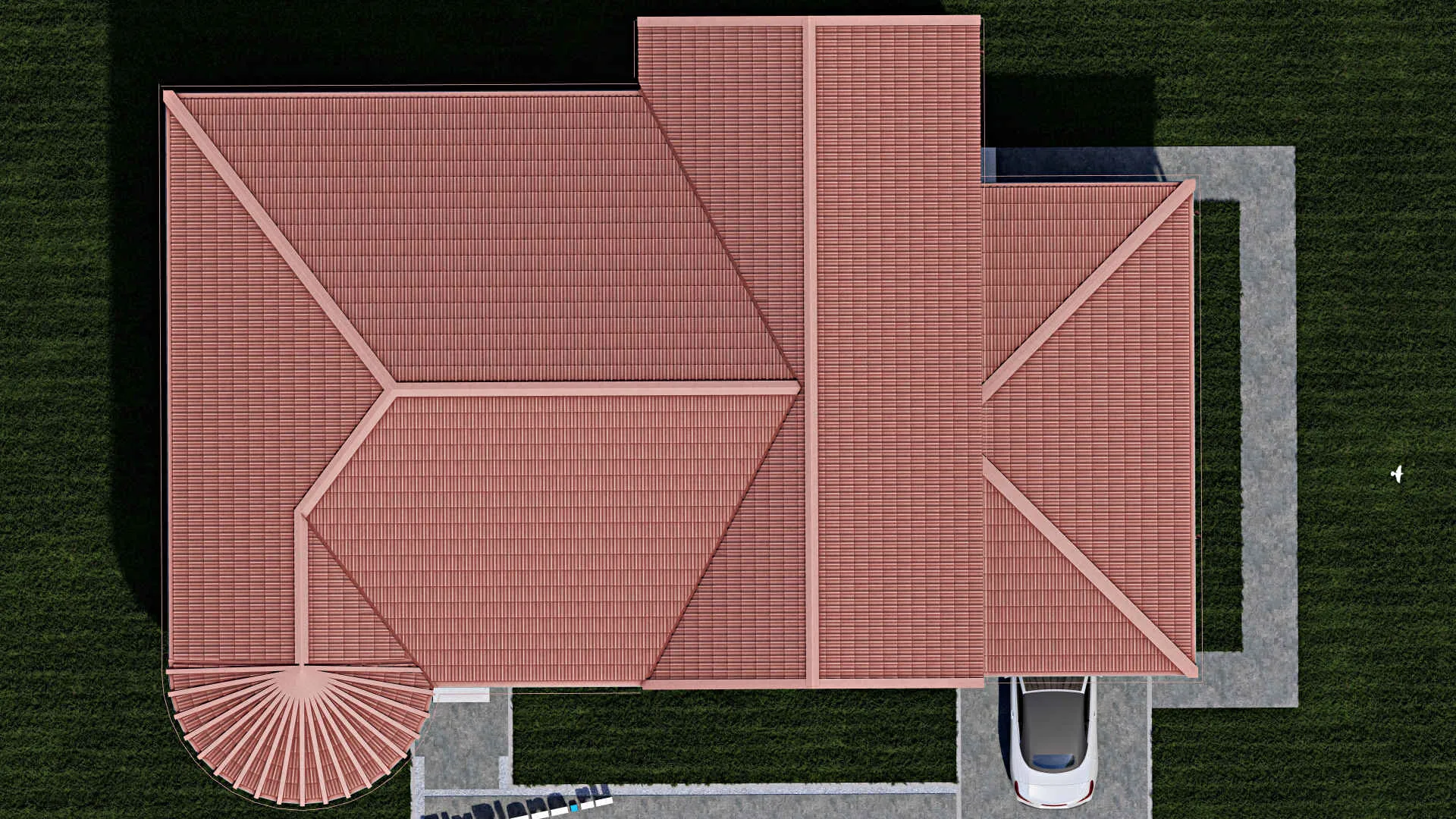 F-0539i - Проект одноэтажного дома 14 на 21, площадью 200 м² с террасой, гаражом на 1 машину и 3 спальнями