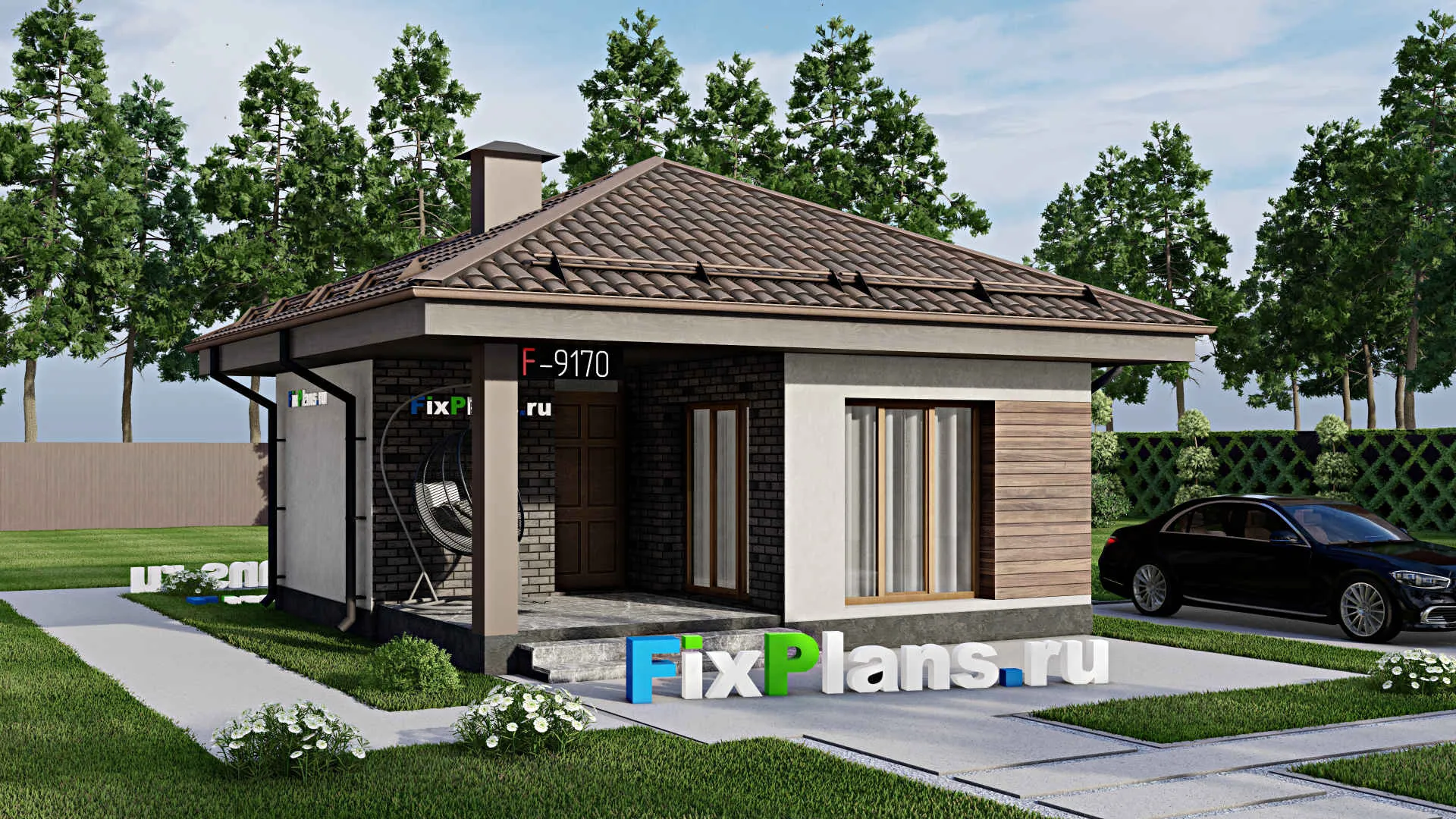 F-9170 - Проект бани 7 на 7, площадью 40 м² с комнатой отдыха, терассой и санузлом