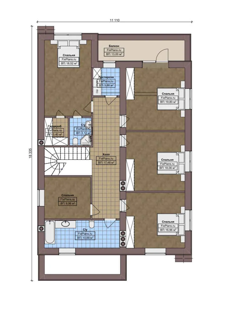 F-8612 - Планы двухэтажного дома 12 на 19, площадью 290 м² с террасой, балконом и 7 спальнями