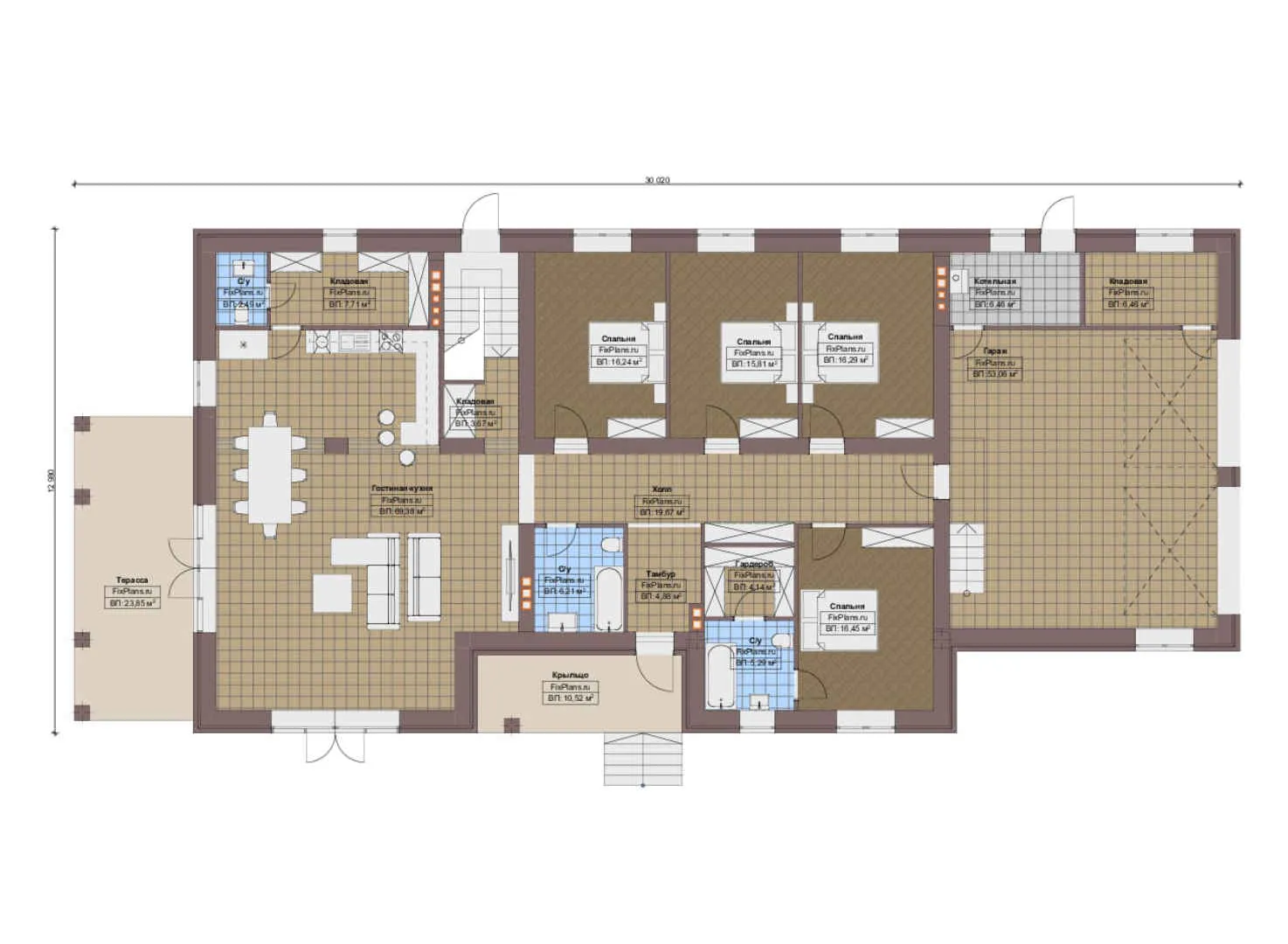 F-14453 - План одноэтажного дома 13 на 31, площадью 480 м² с террасой, цокольным этажом, гаражом на 2 машины и 4 спальнями