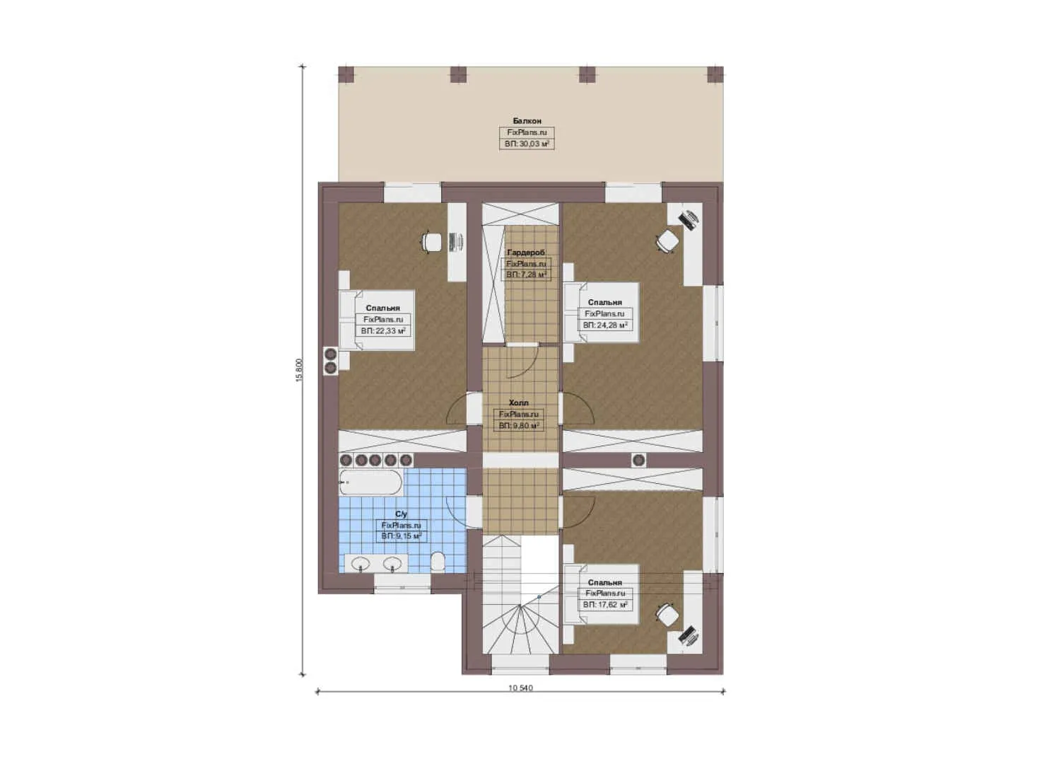 F-14597 - Планы двухэтажного дома 16 на 17, площадью 330 м² с террасой, балконом, гаражом на 2 машины и 4 спальнями