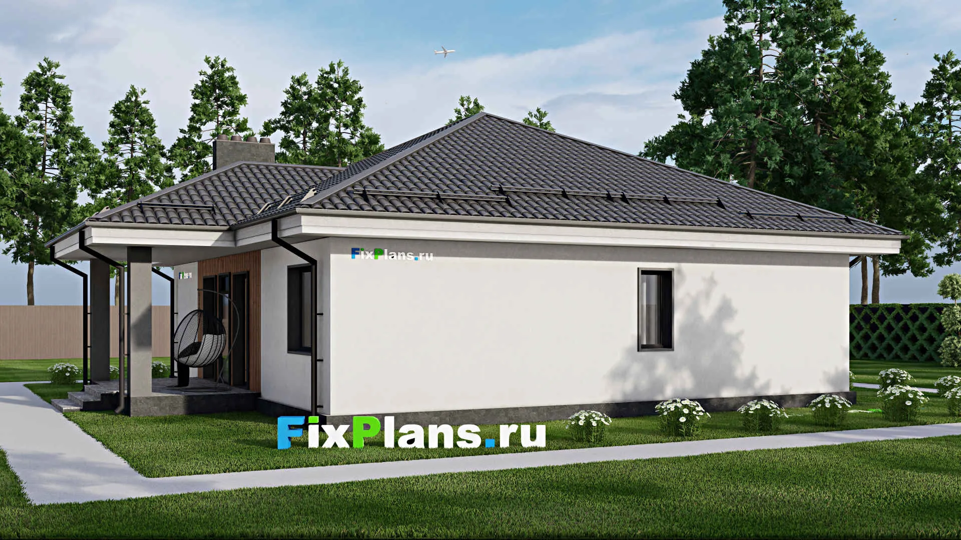 F-3302 - Проект одноэтажного дома 12 на 13, площадью 150 м² с террасой и 4 спальнями