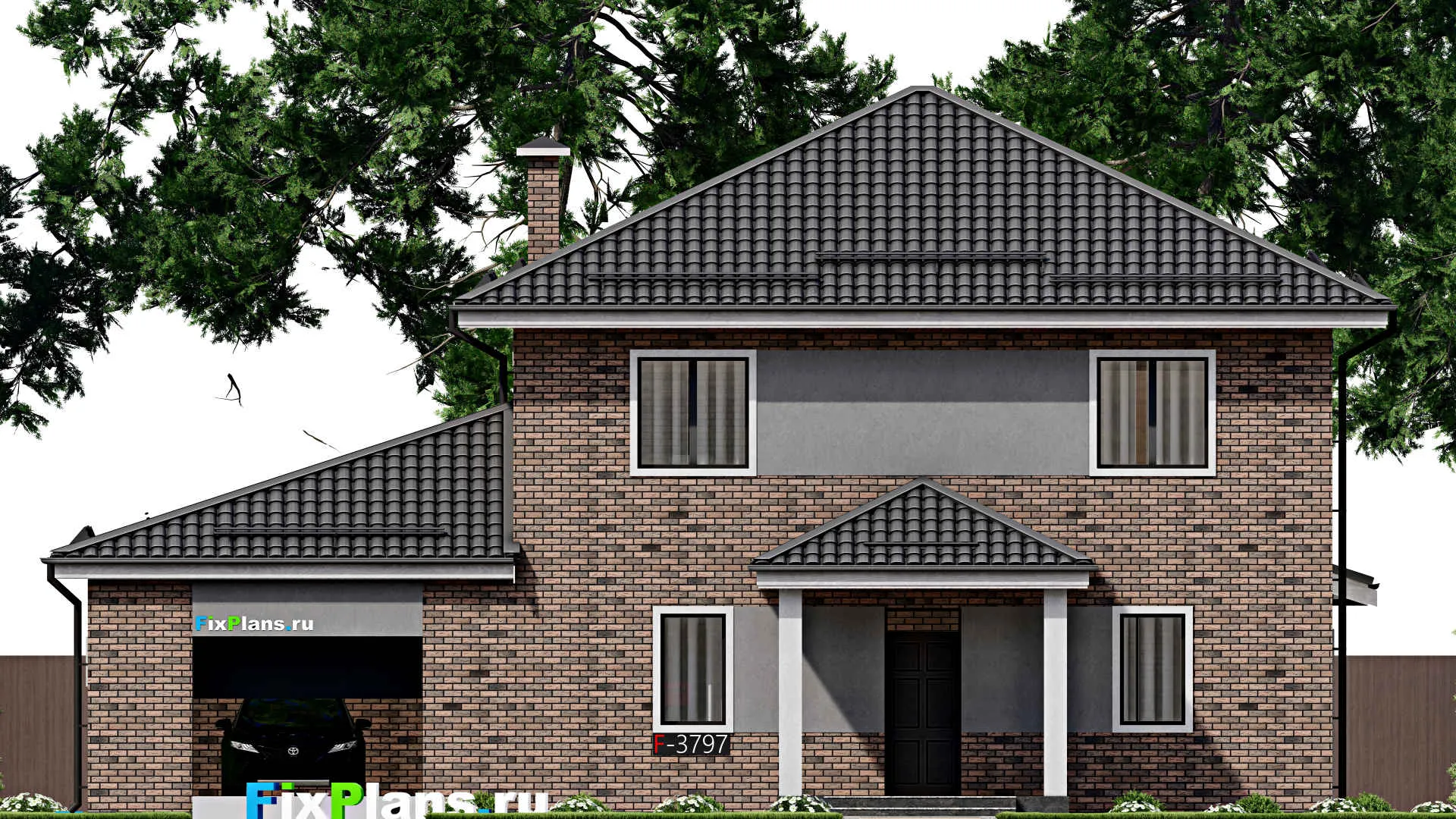 F-3797 - Проект двухэтажного дома 11 на 17, площадью 230 м² с террасой, гаражом на 2 машины и 4 спальнями