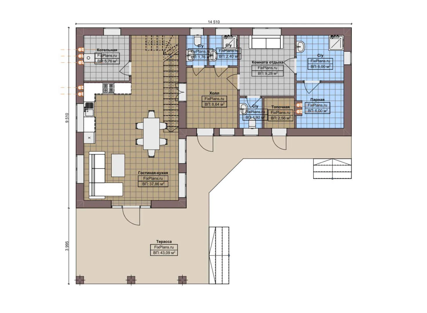 F-5084 - Планы дома с мансардой 10 на 15, площадью 170 м² с террасой, баней и 2 спальнями